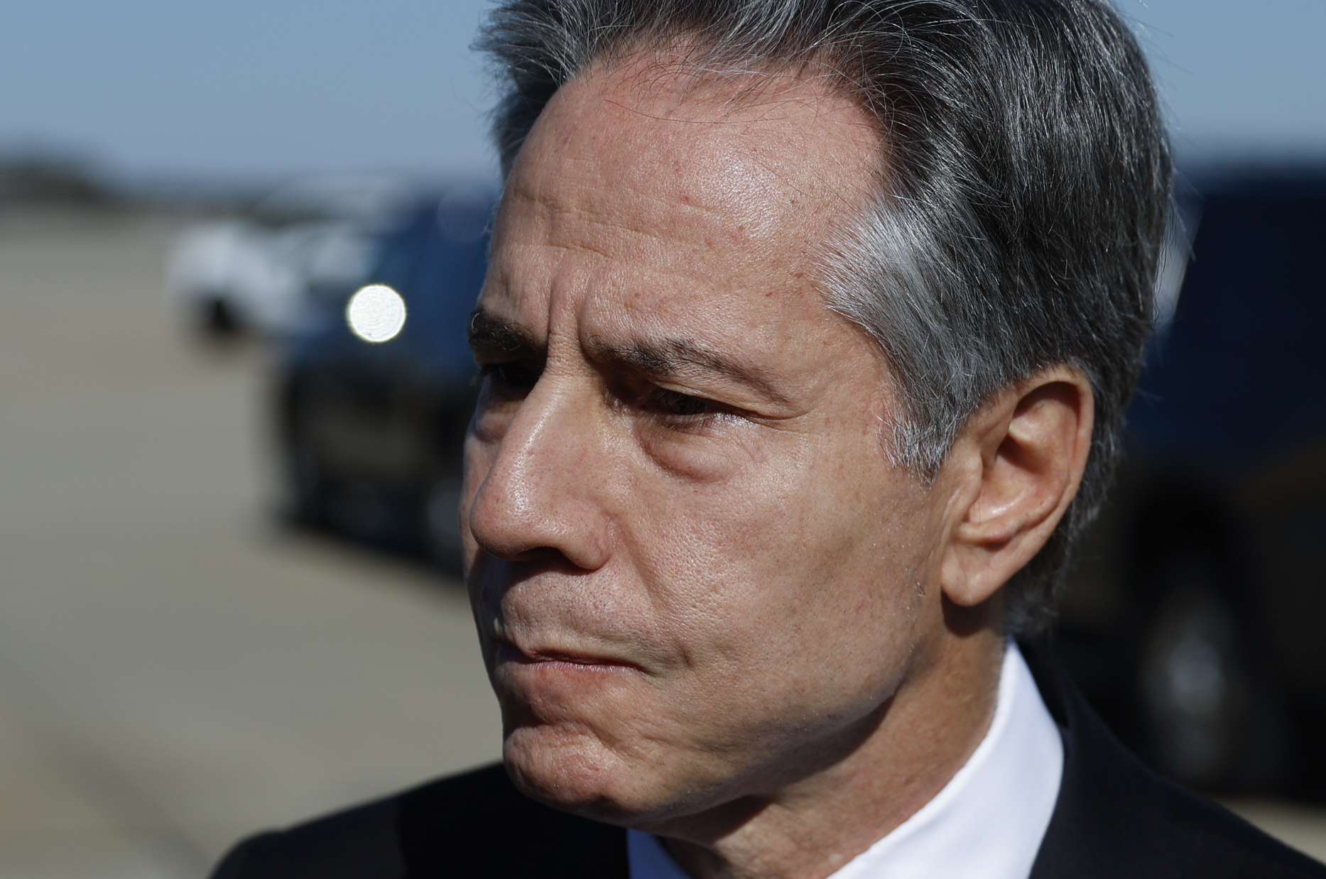 U.S. Secretary of State Antony Blinken talks to reporters prior boarding his aircraft to depart Washington on travel to the Middle East and Asia at Andrews Air Force Base. Md., Thursday, Nov. 2, 2023. (Jonathan Ernst/Pool via AP)