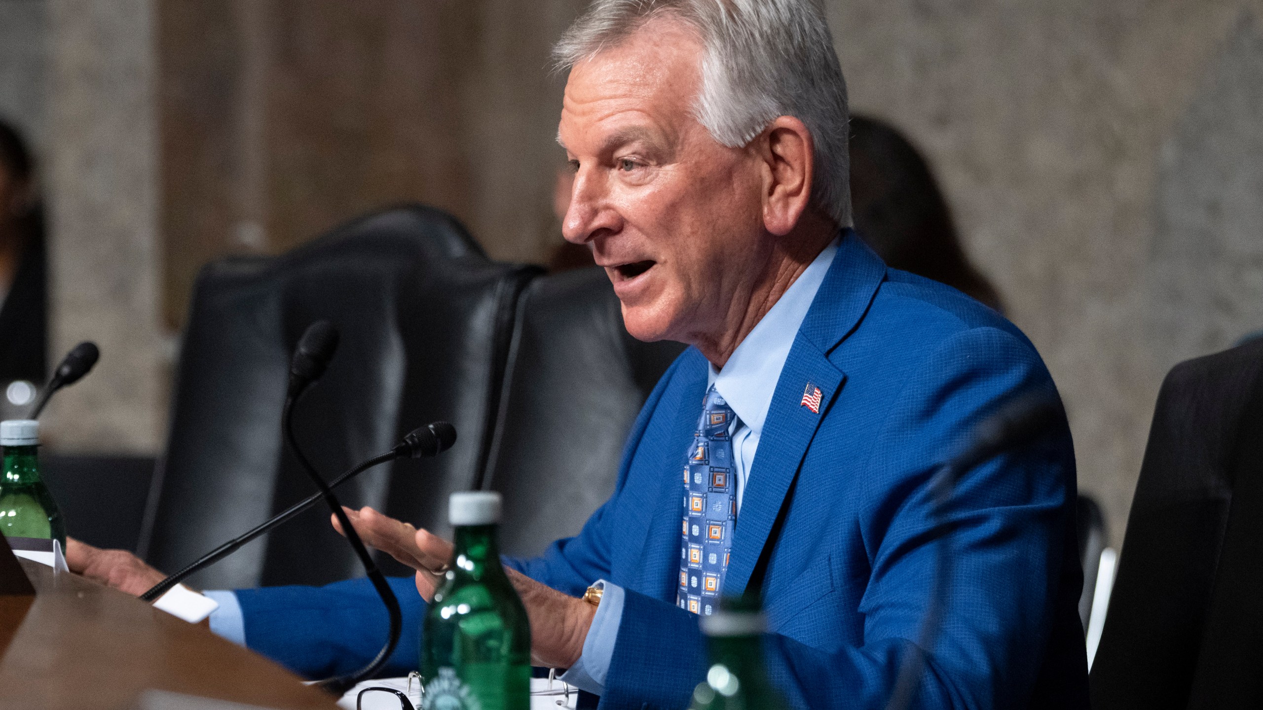 FILE - Sen. Tommy Tuberville, R-Ala., questions Navy Adm. Lisa Franchetti during a Senate Armed Services Committee hearing on her nomination for reappointment to the grade of admiral and to be Chief of Naval Operations, Sept. 14, 2023, on Capitol Hill in Washington. The Senate circumvented a hold by Tuberville on Thursday and confirmed Adm. Lisa Franchetti to lead the Navy, making her the first woman to be a Pentagon service chief and the first female member of the Joint Chiefs of Staff.(AP Photo/Jacquelyn Martin)