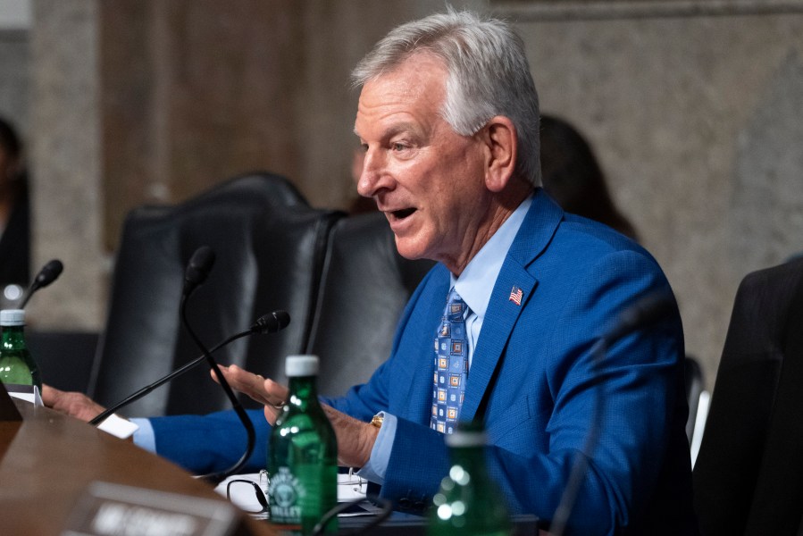 FILE - Sen. Tommy Tuberville, R-Ala., questions Navy Adm. Lisa Franchetti during a Senate Armed Services Committee hearing on her nomination for reappointment to the grade of admiral and to be Chief of Naval Operations, Sept. 14, 2023, on Capitol Hill in Washington. The Senate circumvented a hold by Tuberville on Thursday and confirmed Adm. Lisa Franchetti to lead the Navy, making her the first woman to be a Pentagon service chief and the first female member of the Joint Chiefs of Staff.(AP Photo/Jacquelyn Martin)