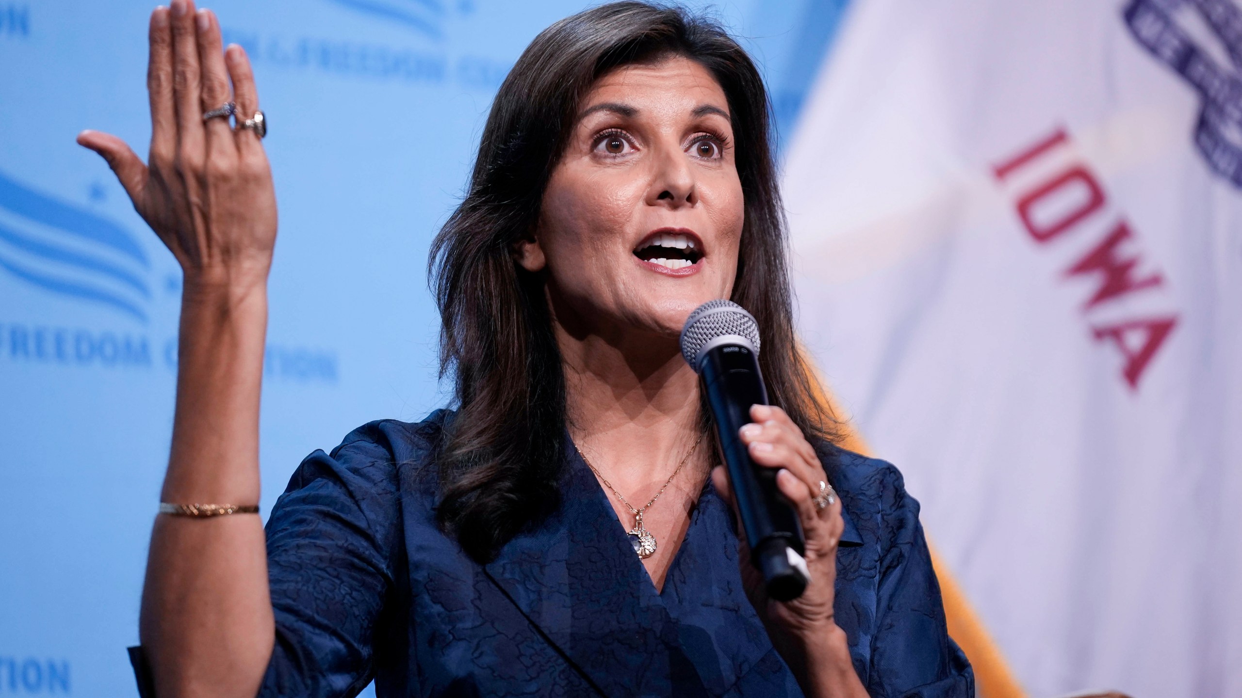 FILE - Republican presidential candidate and former U.N. Ambassador Nikki Haley speaks at the Iowa Faith & Freedom Coalition's fall banquet, Sept. 16, 2023, in Des Moines, Iowa. Haley has been rising with donors and voters thanks in part to strong debate performances and the campaign's increased focus on foreign policy. That's come partly at the expense of Florida Gov. Ron DeSantis. But donors and voters seeking an alternative to former President Donald Trump haven't fully coalesced around Haley. (AP Photo/Bryon Houlgrave, File)