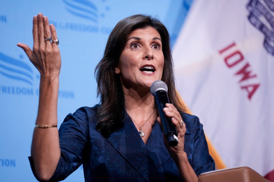 FILE - Republican presidential candidate and former U.N. Ambassador Nikki Haley speaks at the Iowa Faith & Freedom Coalition's fall banquet, Sept. 16, 2023, in Des Moines, Iowa. Haley has been rising with donors and voters thanks in part to strong debate performances and the campaign's increased focus on foreign policy. That's come partly at the expense of Florida Gov. Ron DeSantis. But donors and voters seeking an alternative to former President Donald Trump haven't fully coalesced around Haley. (AP Photo/Bryon Houlgrave, File)