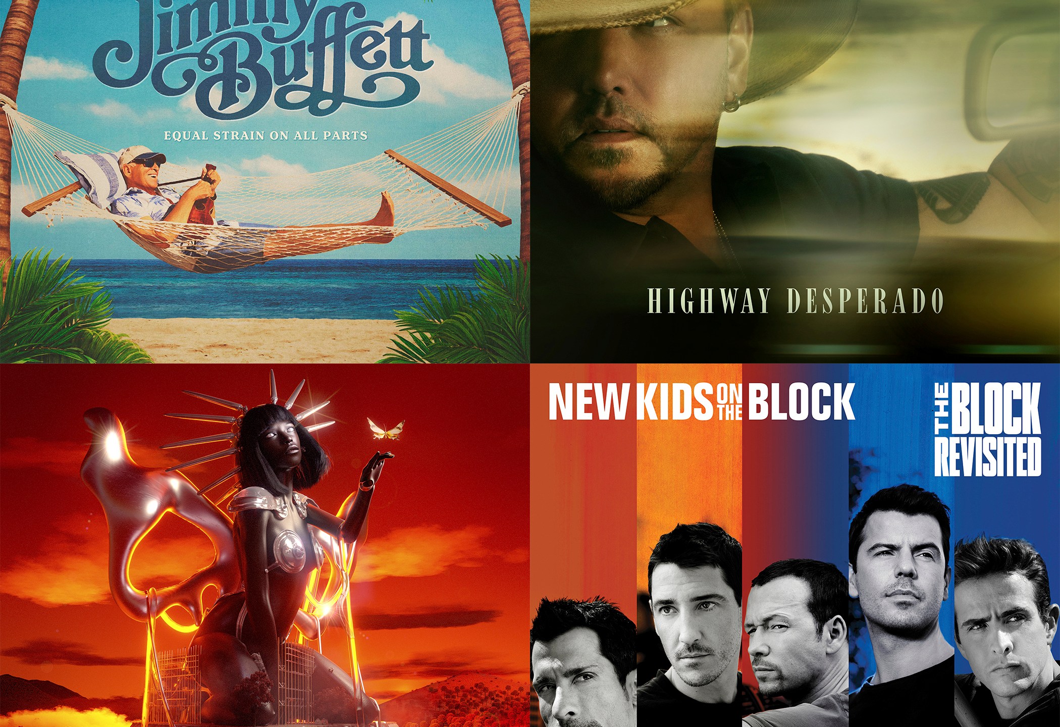 This combination of images shows album art for "Equal Strain on All Parts" by Jimmy Buffett, clockwise from top left, "Highway Desperado" by Jason Aldean, "The Block: Revisited" by New Kids on the Block and "Sweet Justice" by Tkay Maidza. (Mailboat and Sun Records/Broken Bow Records/UMG Recordings/4AD Records via AP)