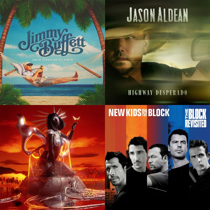 This combination of images shows album art for "Equal Strain on All Parts" by Jimmy Buffett, clockwise from top left, "Highway Desperado" by Jason Aldean, "The Block: Revisited" by New Kids on the Block and "Sweet Justice" by Tkay Maidza. (Mailboat and Sun Records/Broken Bow Records/UMG Recordings/4AD Records via AP)