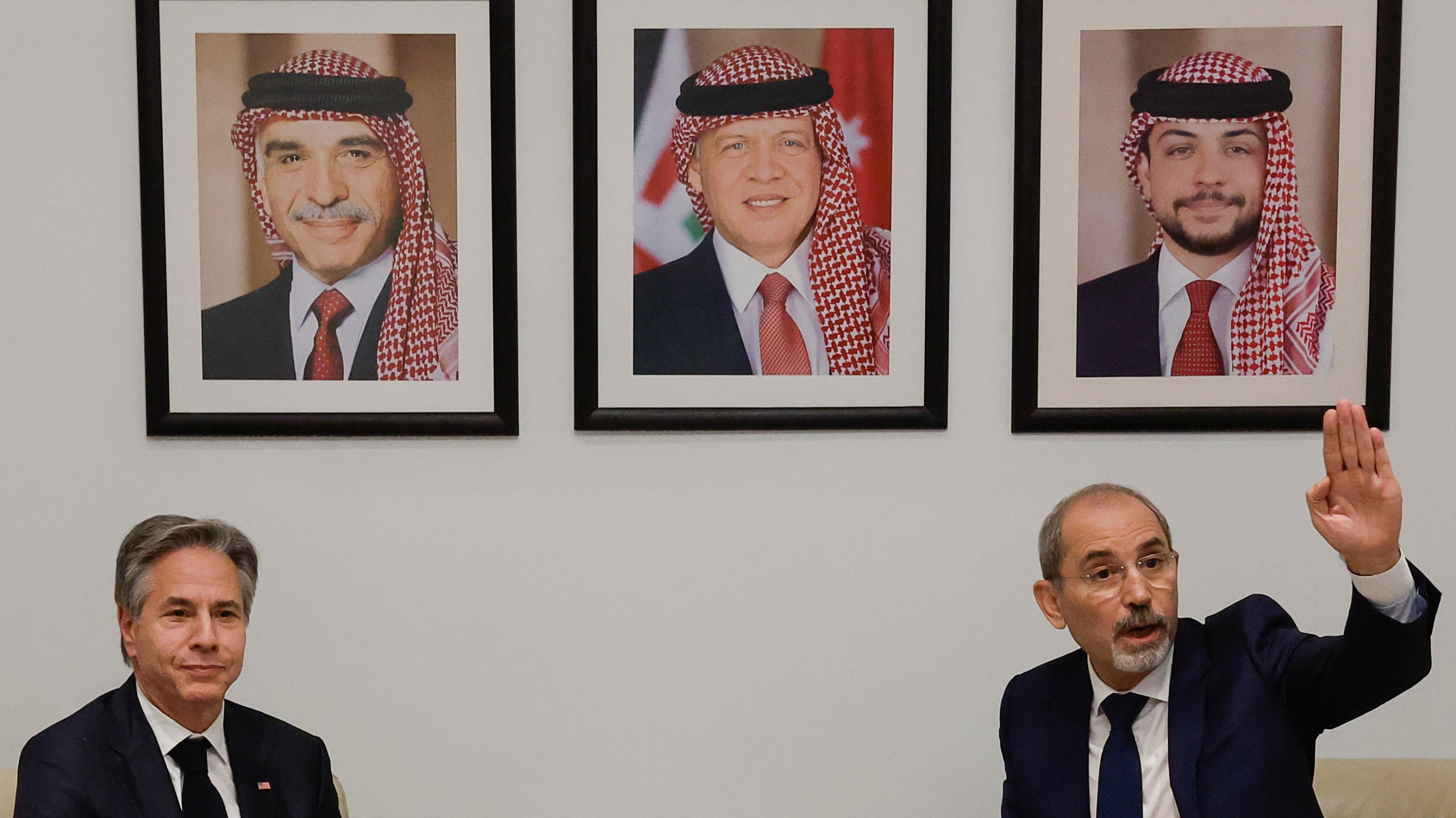 U.S. Secretary of State Antony Blinken attends a meeting with Jordanian Deputy Prime Minister and Foreign Minister Ayman Safadi, during a day of meetings about the ongoing conflict between Israel and the Palestinian Islamist group Hamas, in Amman, Jordan, Saturday, Nov. 4, 2023. (Jonathan Ernst/Pool photo via AP)