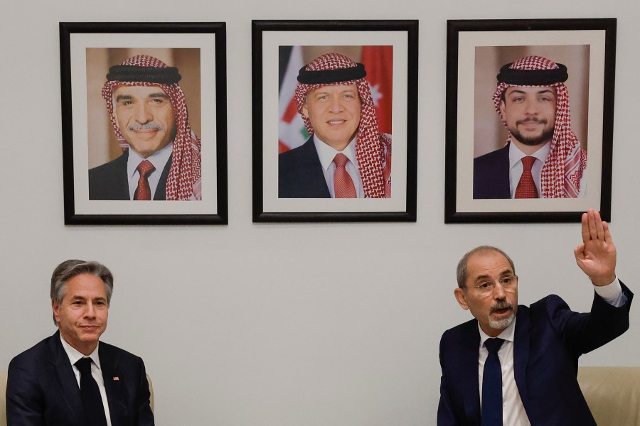 U.S. Secretary of State Antony Blinken attends a meeting with Jordanian Deputy Prime Minister and Foreign Minister Ayman Safadi, during a day of meetings about the ongoing conflict between Israel and the Palestinian Islamist group Hamas, in Amman, Jordan, Saturday, Nov. 4, 2023. (Jonathan Ernst/Pool photo via AP)