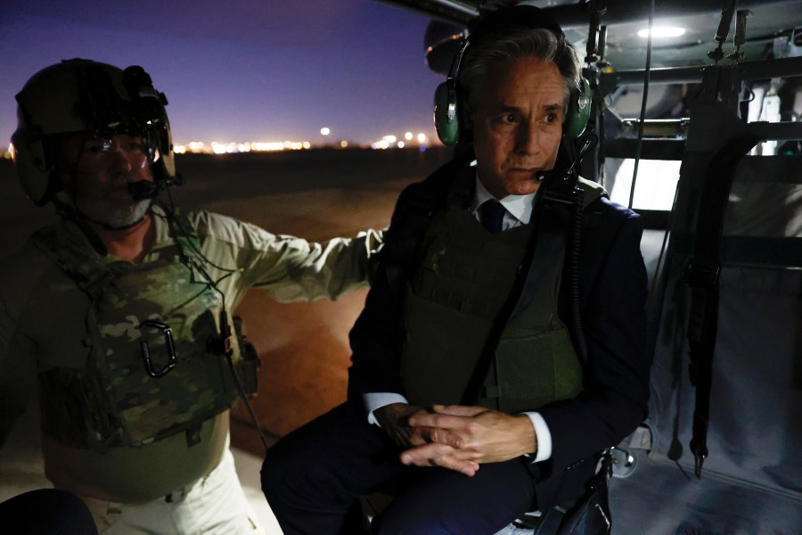 U.S. Secretary of State Antony Blinken departs the International Zone via helicopter after meeting Iraqi Prime Minister Mohammed Shia al-Sudani in Baghdad, Iraq, Sunday Nov. 5, 2023. Blinken flew to Baghdad for talks with Iraqi Prime Mohammed Shia al-Sudani as American forces in the region face a surge of attacks by Iranian-allied militias in Iraq and elsewhere. (Jonathan Ernst/Pool via AP)