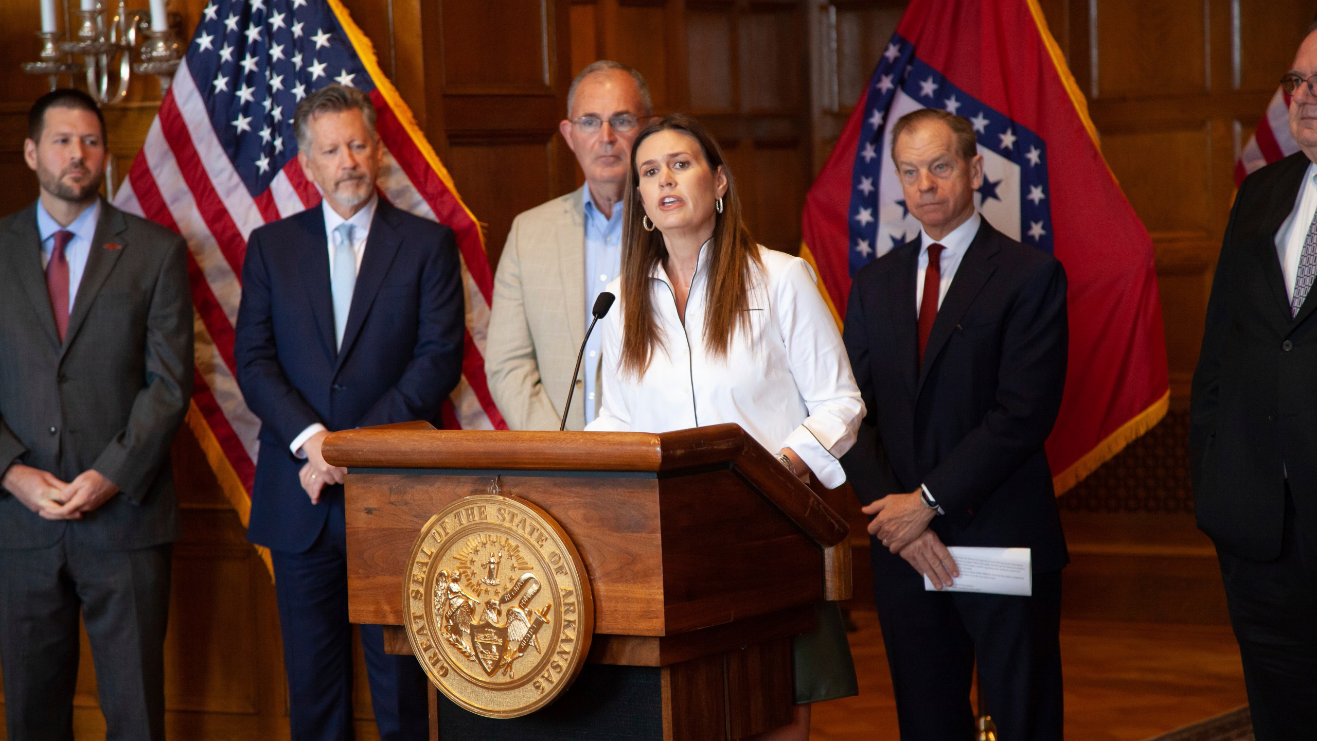 Arkansas Gov. Sarah Huckabee Sanders speaks at a press conference to announce the opening of a new $33 million missile production facility on Thursday, Oct. 26, 2023 at the State Capitol in Little Rock, Ark. (AP Photo/Katie Adkins)