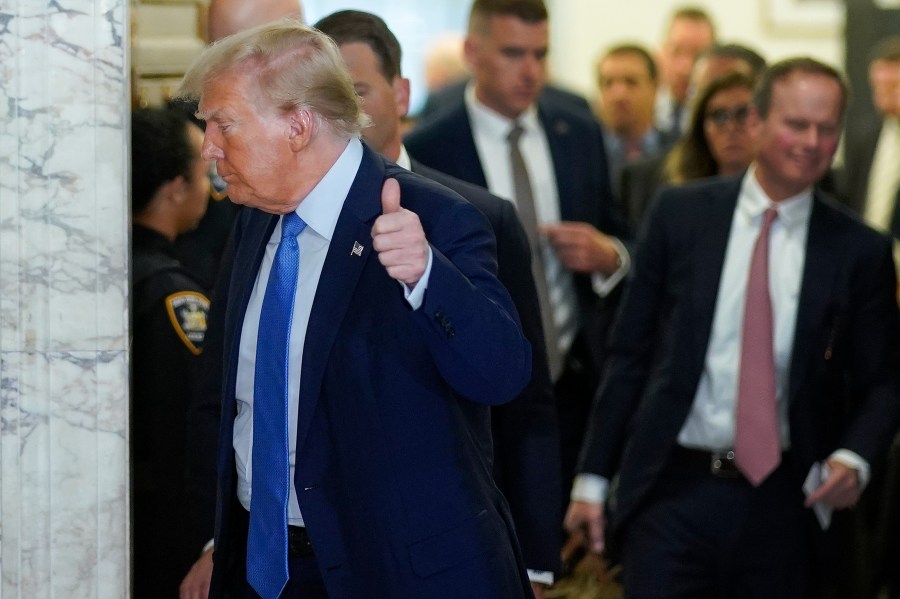 Former President Donald Trump walks out of the courtroom during a break in proceedings at New York Supreme Court, Monday, Nov. 6, 2023, in New York. (AP Photo/Eduardo Munoz Alvarez)