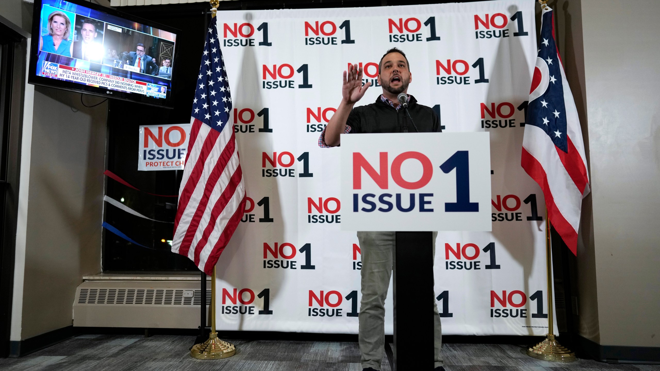 Aaron Baer President of Center for Christian Virtue speaks during a watch party for opponents of Issue 1 at the Center for Christian Virtue in Columbus, Ohio, Tuesday, Nov. 7, 2023. (AP Photo/Carolyn Kaster)