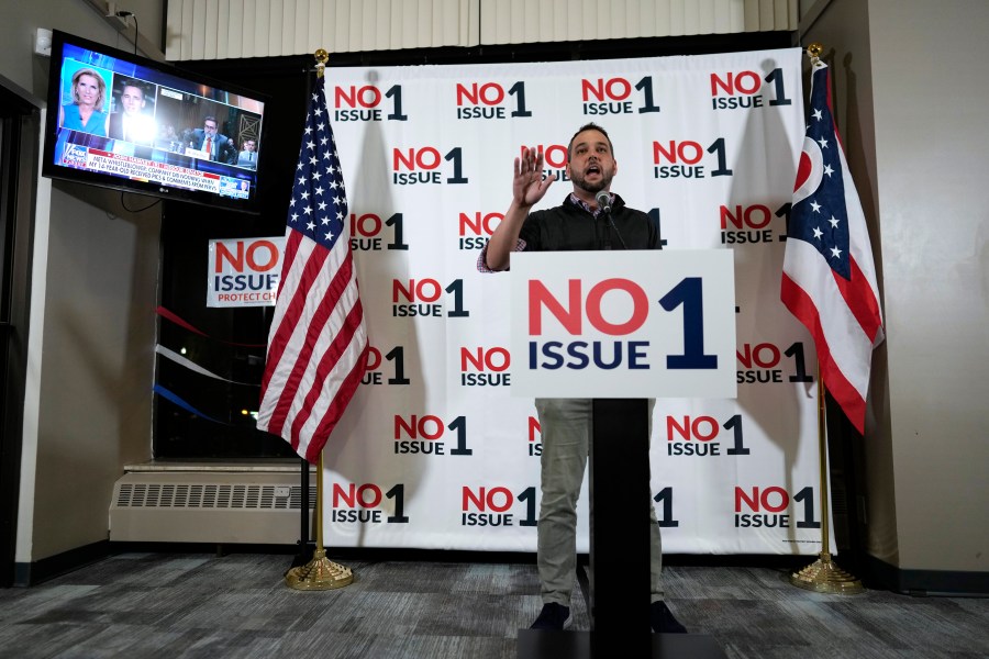 Aaron Baer President of Center for Christian Virtue speaks during a watch party for opponents of Issue 1 at the Center for Christian Virtue in Columbus, Ohio, Tuesday, Nov. 7, 2023. (AP Photo/Carolyn Kaster)