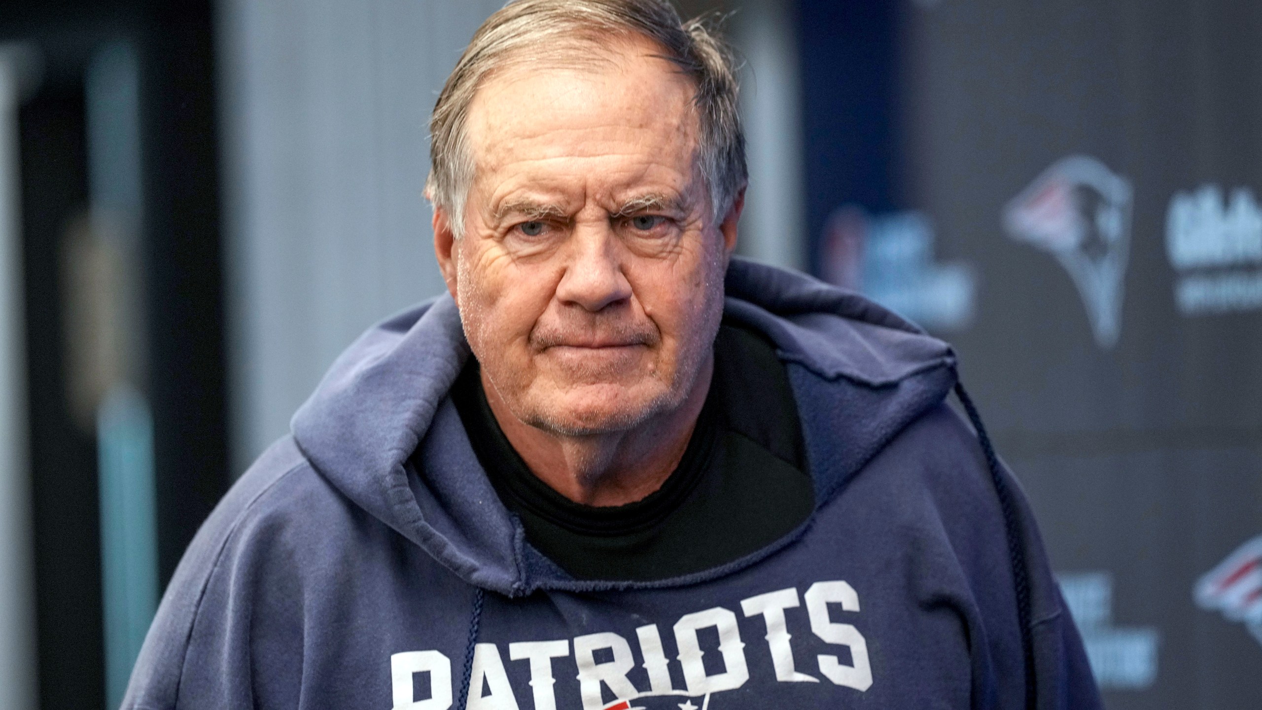 New England Patriots headcoach Bill Belichick arrives for a press conference in Frankfurt, Germany, Friday, Nov. 10, 2023. The New England Patriots will play against the Indiana Colts in a NFL game on Sunday. (AP Photo/Michael Probst)