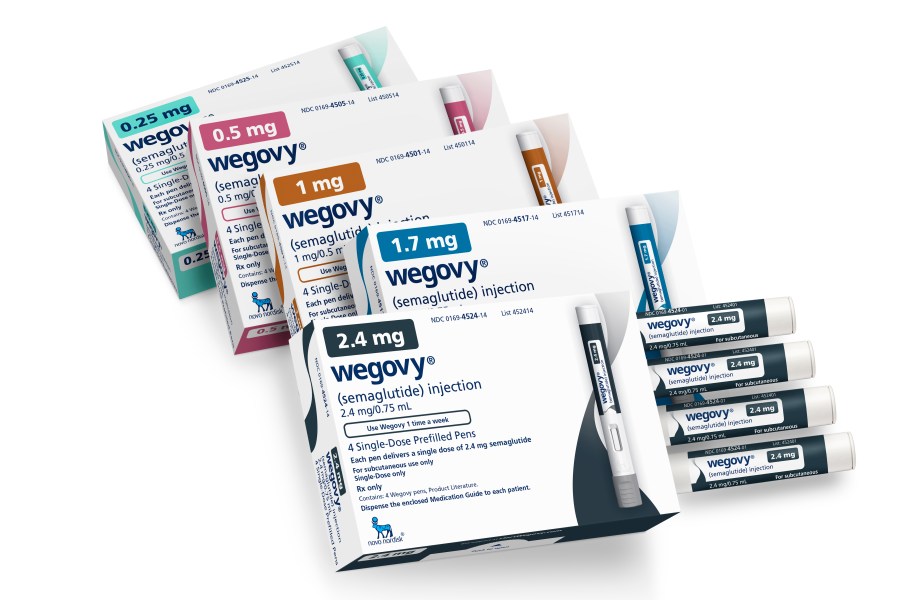 This image provided by Novo Nordisk in January 2023, shows packaging for the company's Wegovy medication. According to a study published Saturday, Nov. 11, 2023, in the New England Journal of Medicine, the popular weight-loss drug reduced the risk of serious heart problems by 20%, and could change the way doctors treat certain heart patients. (Novo Nordisk via AP)