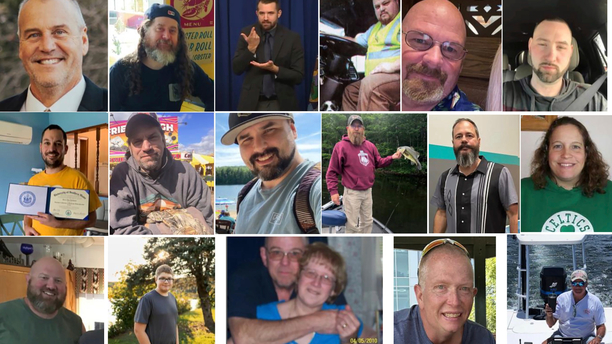 These photos provided by the Maine Department of Public Safety shows victims of the Maine Shooting, Top from left, Ronald G. Morin, Peyton Brewer-Ross, Joshua A. Seal, Bryan M. MacFarlane, Joseph Lawrence Walker, Arthur Fred Strout. Second row from left, Maxx A. Hathaway, Stephen M. Vozzella, Thomas Ryan Conrad, Michael R. Deslauiers II, Jason Adam Walker, Tricia C. Asselin. Third Row from left, William A. Young, Aaron Young, Robert E. Violette and Lucille M. Violette, William Frank, Keith D. Macneir. (Maine Department of Public Safety via AP)