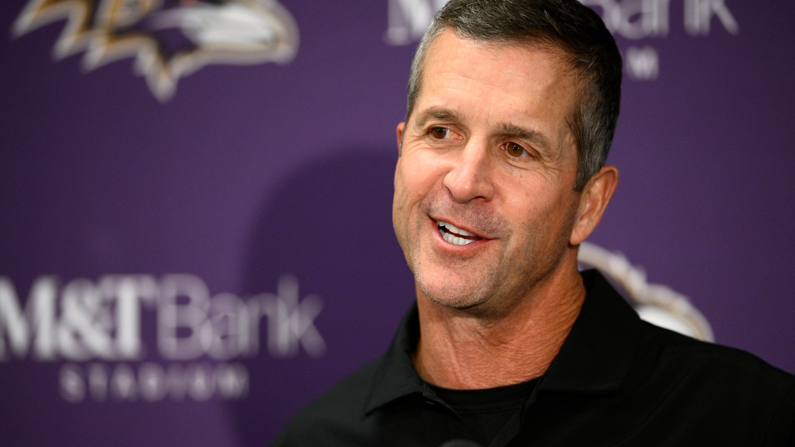 Baltimore Ravens head coach John Harbaugh speaks during a news conference after an NFL football game against the Seattle Seahawks, Sunday, Nov. 5, 2023, in Baltimore. The Ravens won 37-3. (AP Photo/Nick Wass)