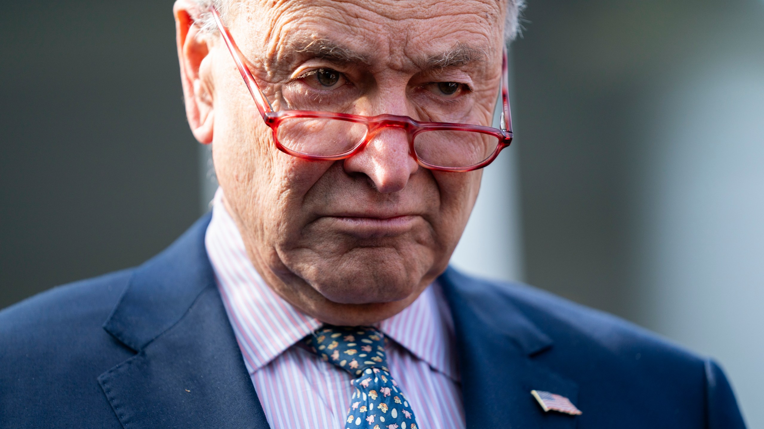 FILE - Senate Majority Leader Sen. Chuck Schumer of N.Y., talks with reporters after meeting with President Joe Biden at the White House, Oct. 31, 2023, in Washington. The Senate is heading for a vote on a temporary government funding package as lawmakers sought to keep the holiday season free from any suspense over a government shutdown. Senators were trying to speed forward on the funding package on Wednesday. (AP Photo/Evan Vucci)