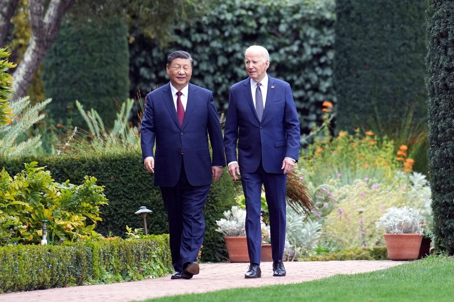 President Joe Biden and China's President President Xi Jinping walk in the gardens at the Filoli Estate in Woodside, Calif., Wednesday, Nov, 15, 2023, on the sidelines of the Asia-Pacific Economic Cooperative conference. (Doug Mills/The New York Times via AP, Pool)