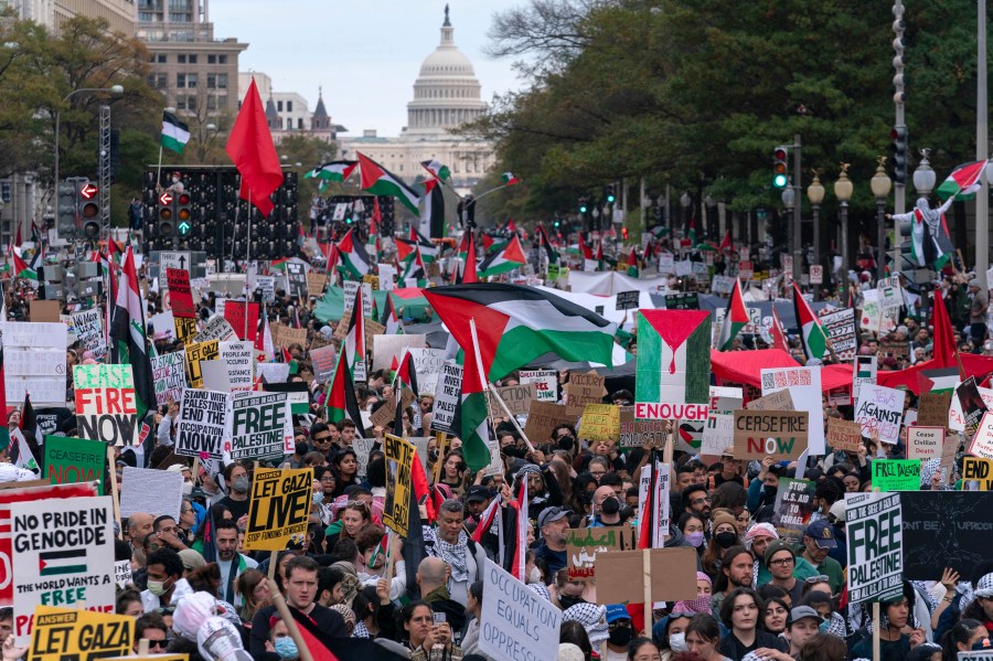 FILE - With the U.S Capitol n the background thousands of protesters rally during a pro-Palestinian demonstration at Freedom Plaza in Washington, Saturday, Nov. 4, 2023. As the Israel-Hamas war rages in Gaza, there's a bitter battle for public opinion flaring in the U.S., with angry rallies and disruptive protests at prominent venues in several major cities. Among the catalysts are Palestinian and Jewish-led groups that have been active for years in opposing Israeli policies toward the Palestinians. Now many groups involved in those earlier efforts are playing a key role protesting the latest fighting, with actions on campuses and beyond. (AP Photo/Jose Luis Magana, File)