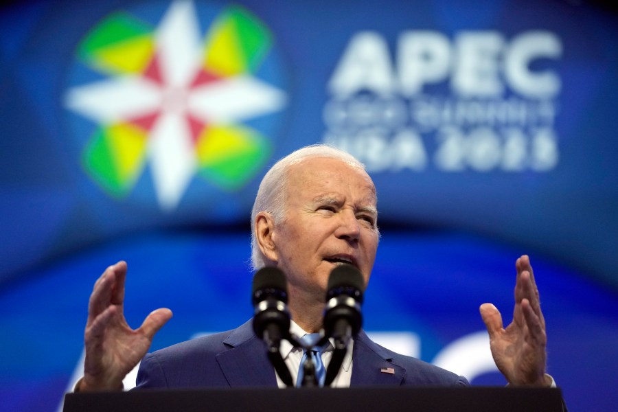 President Joe Biden speaks to a group of CEOs Thursday, Nov. 16, 2023, in San Francisco, at the annual Asia-Pacific Economic Cooperation conference. (AP Photo/Godofredo A. Vásquez)