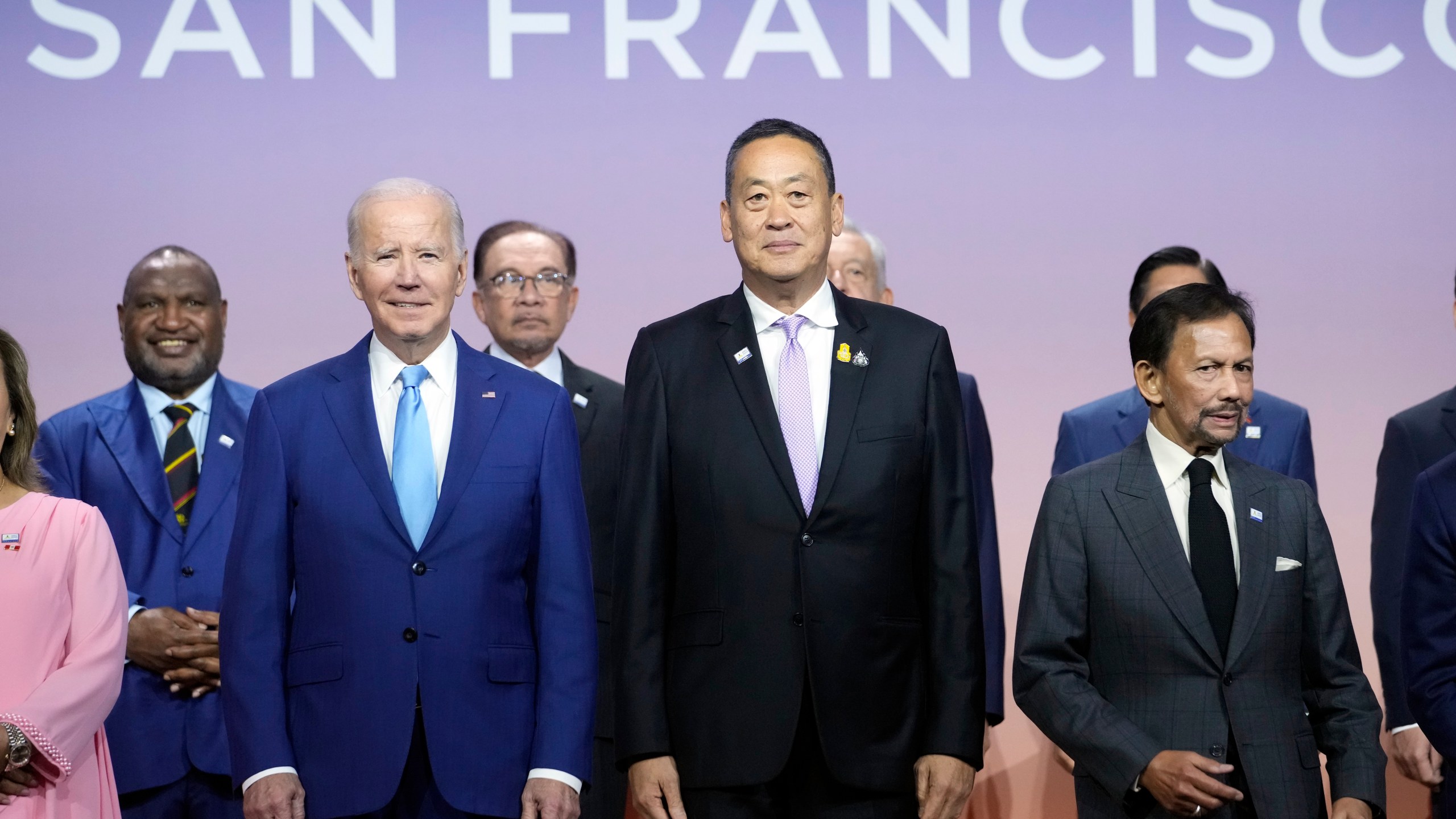 President Joe Biden, from left, Thailand's Prime Minister Srettha Thavisin and Sultan of Brunei Haji Hassanal Bolkiah pose for a family photo at the annual Asia-Pacific Economic Cooperation summit, Thursday, Nov. 16, 2023, in San Francisco. (AP Photo/Godofredo A. Vásquez)