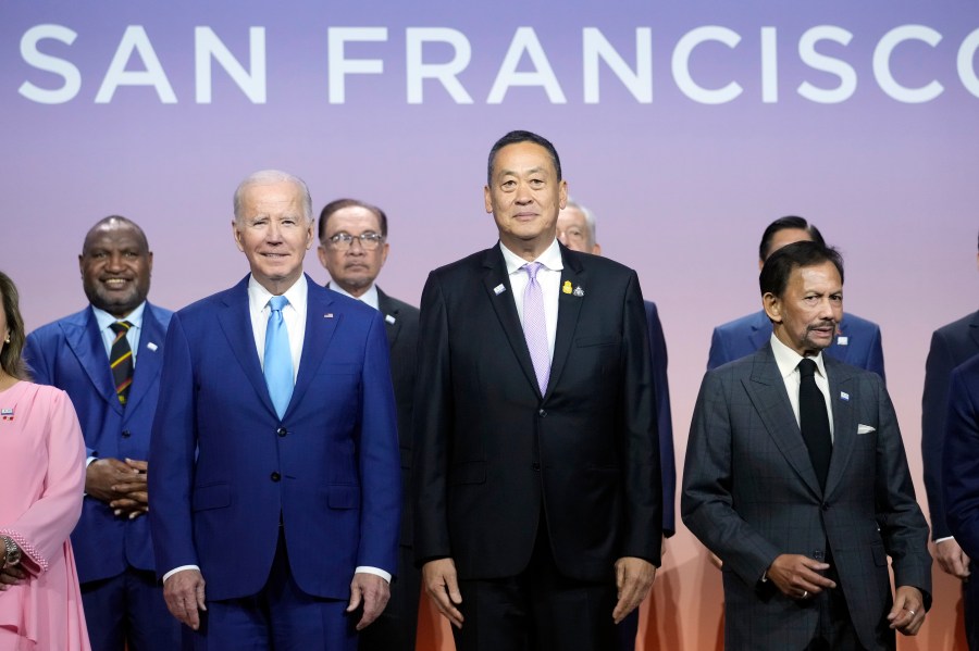 President Joe Biden, from left, Thailand's Prime Minister Srettha Thavisin and Sultan of Brunei Haji Hassanal Bolkiah pose for a family photo at the annual Asia-Pacific Economic Cooperation summit, Thursday, Nov. 16, 2023, in San Francisco. (AP Photo/Godofredo A. Vásquez)