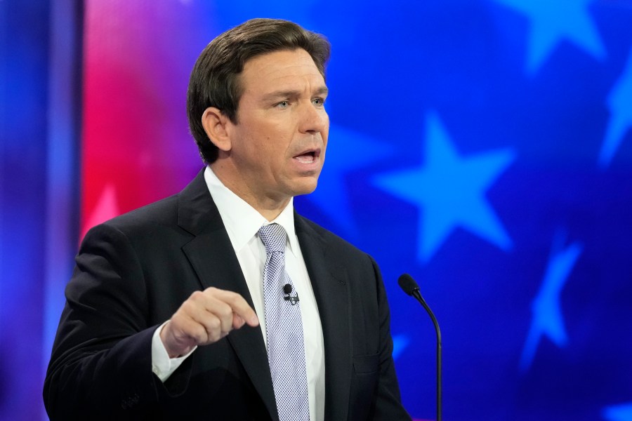 Republican presidential candidate Florida Gov. Ron DeSantis speaks during a Republican presidential primary debate hosted by NBC News, Wednesday, Nov. 8, 2023, at the Adrienne Arsht Center for the Performing Arts of Miami-Dade County in Miami. (AP Photo/Rebecca Blackwell)