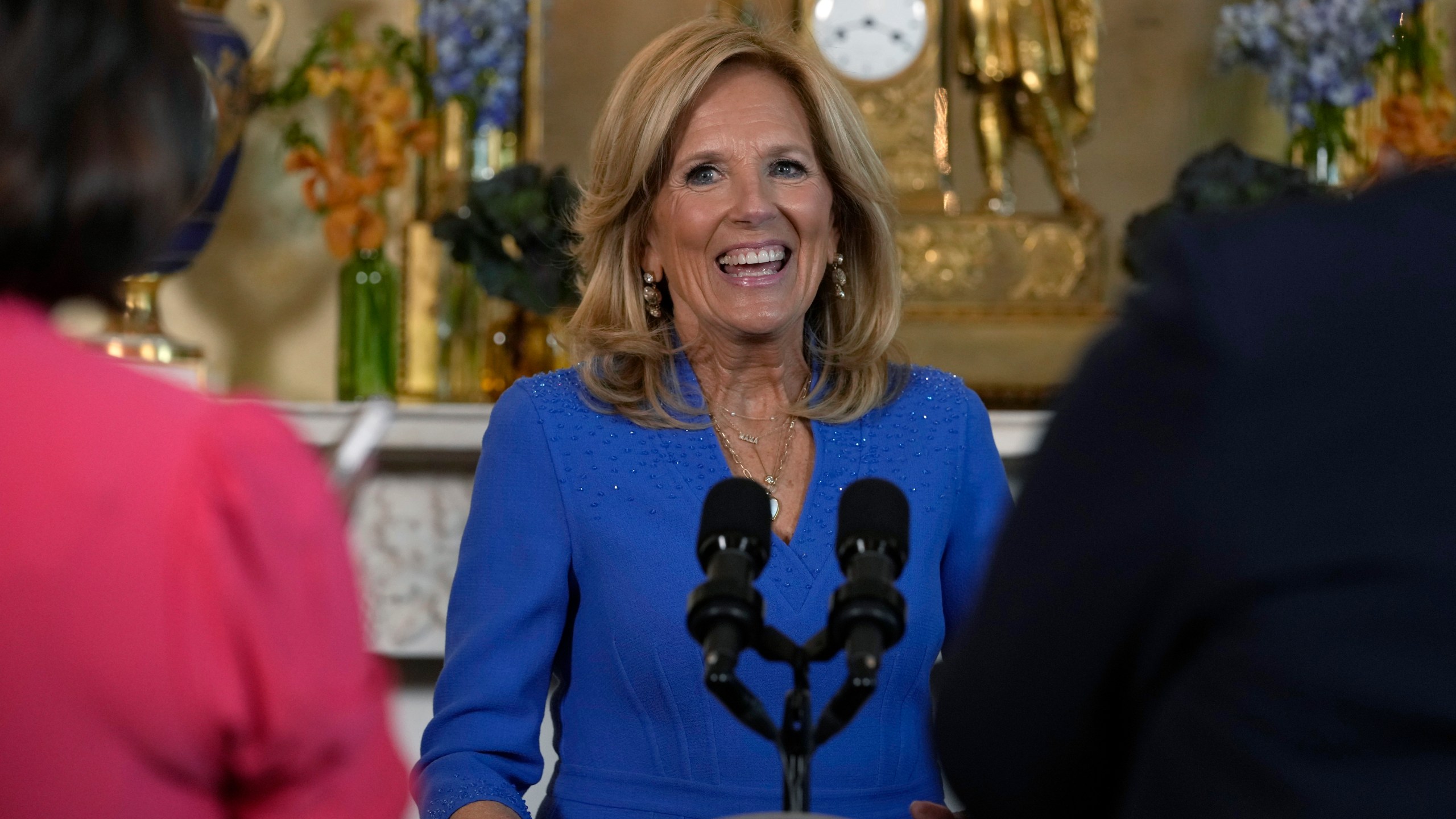 Jill Biden arrives to speaks during a celebration of the Thanksgiving season with African American women faith leaders, community leaders and advocates from the Southeast, in the Blue Room of the White House in Washington, Monday, Nov. 13, 2023. (AP Photo/Susan Walsh)