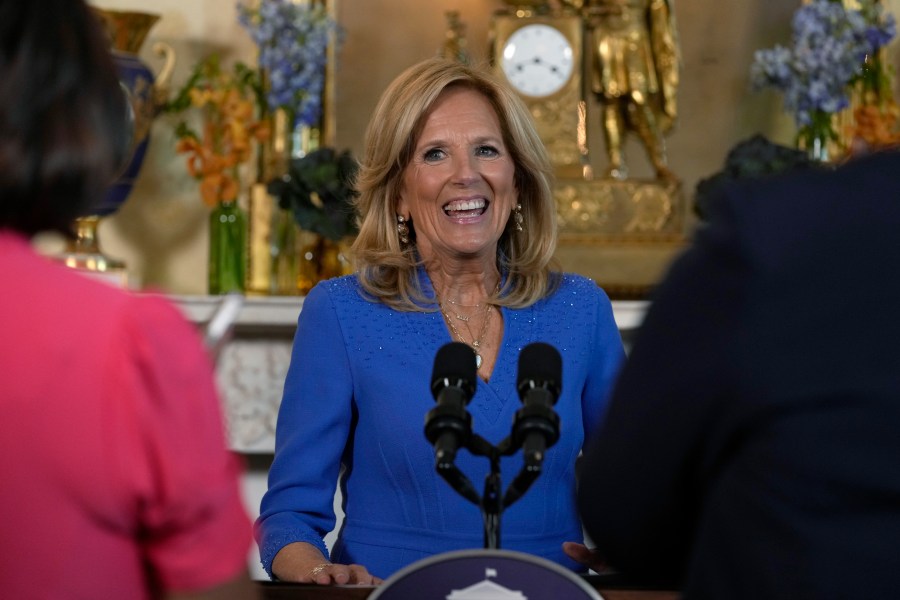 Jill Biden arrives to speaks during a celebration of the Thanksgiving season with African American women faith leaders, community leaders and advocates from the Southeast, in the Blue Room of the White House in Washington, Monday, Nov. 13, 2023. (AP Photo/Susan Walsh)