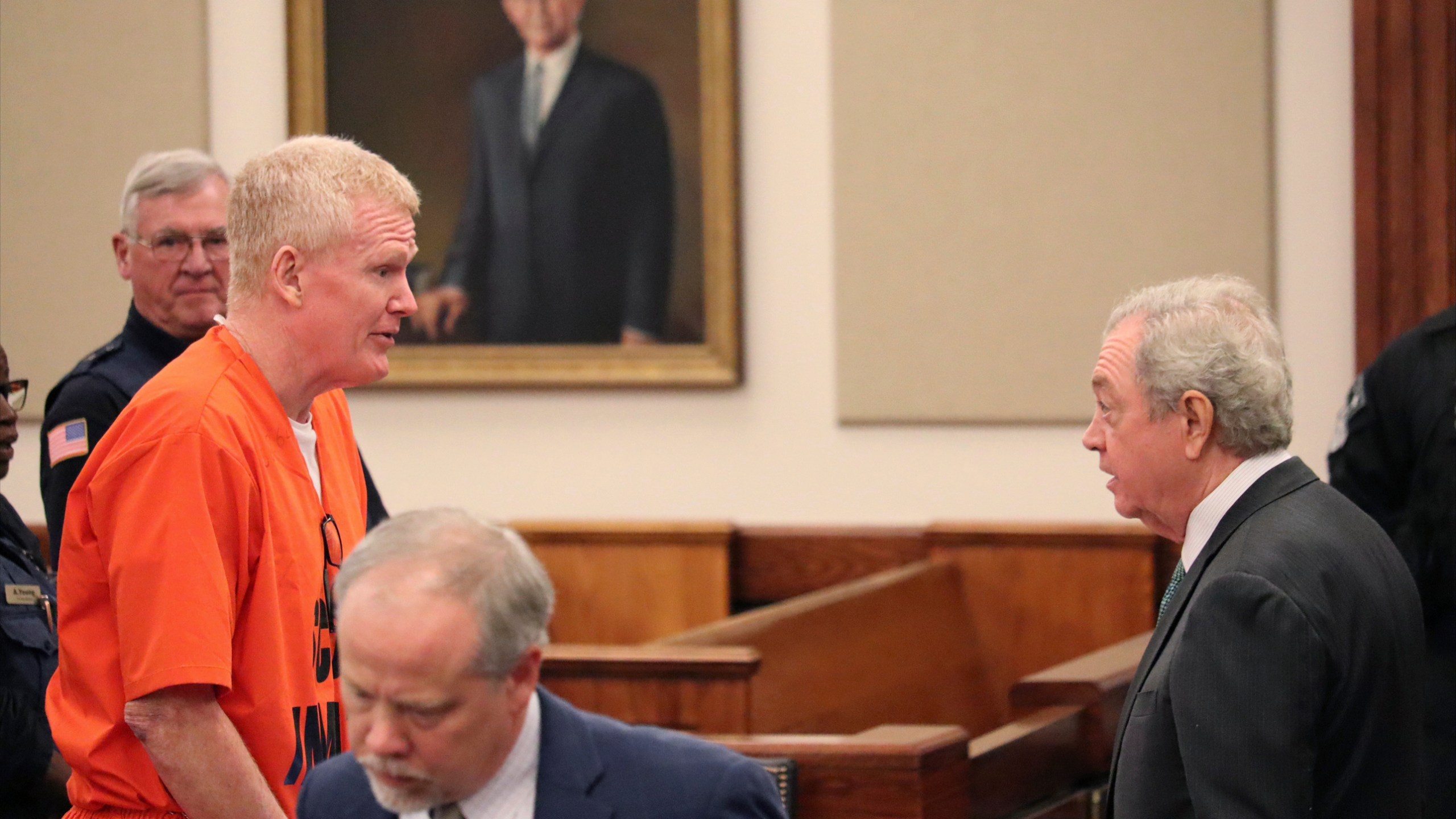 Convicted murderer Alex Murdaugh speaks with his defense attorney, Dick Harpootlian, in Beaufort, S.C. on Friday, Nov. 17, 2023. A pretrial hearing is scheduled Friday on state charges that Murdaugh stole money from his legal clients. (AP Photo/James Pollard)