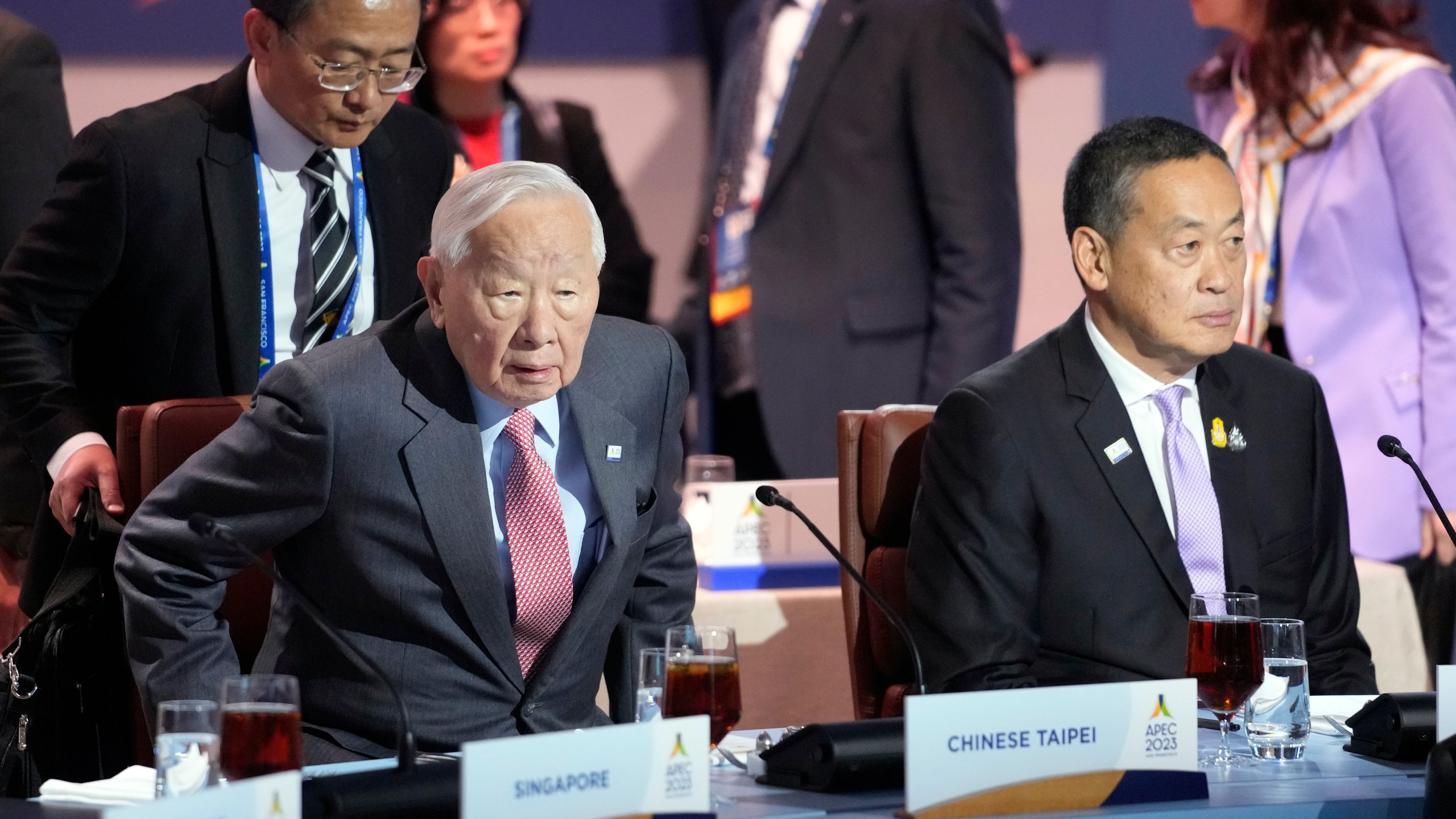 Morris Chang, representing Taiwan, left, and Thailand's Prime Minister Srettha Thavisin, arrive for a informal dialogue and working lunch at the annual Asia-Pacific Economic Cooperation summit, Thursday, Nov. 16, 2023, in San Francisco. (AP Photo/Godofredo A. Vásquez)