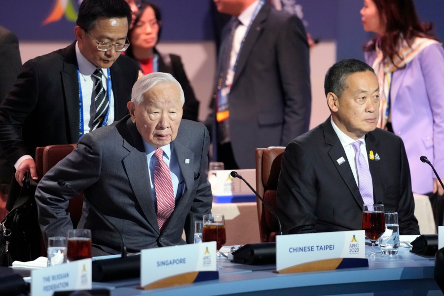 Morris Chang, representing Taiwan, left, and Thailand's Prime Minister Srettha Thavisin, arrive for a informal dialogue and working lunch at the annual Asia-Pacific Economic Cooperation summit, Thursday, Nov. 16, 2023, in San Francisco. (AP Photo/Godofredo A. Vásquez)