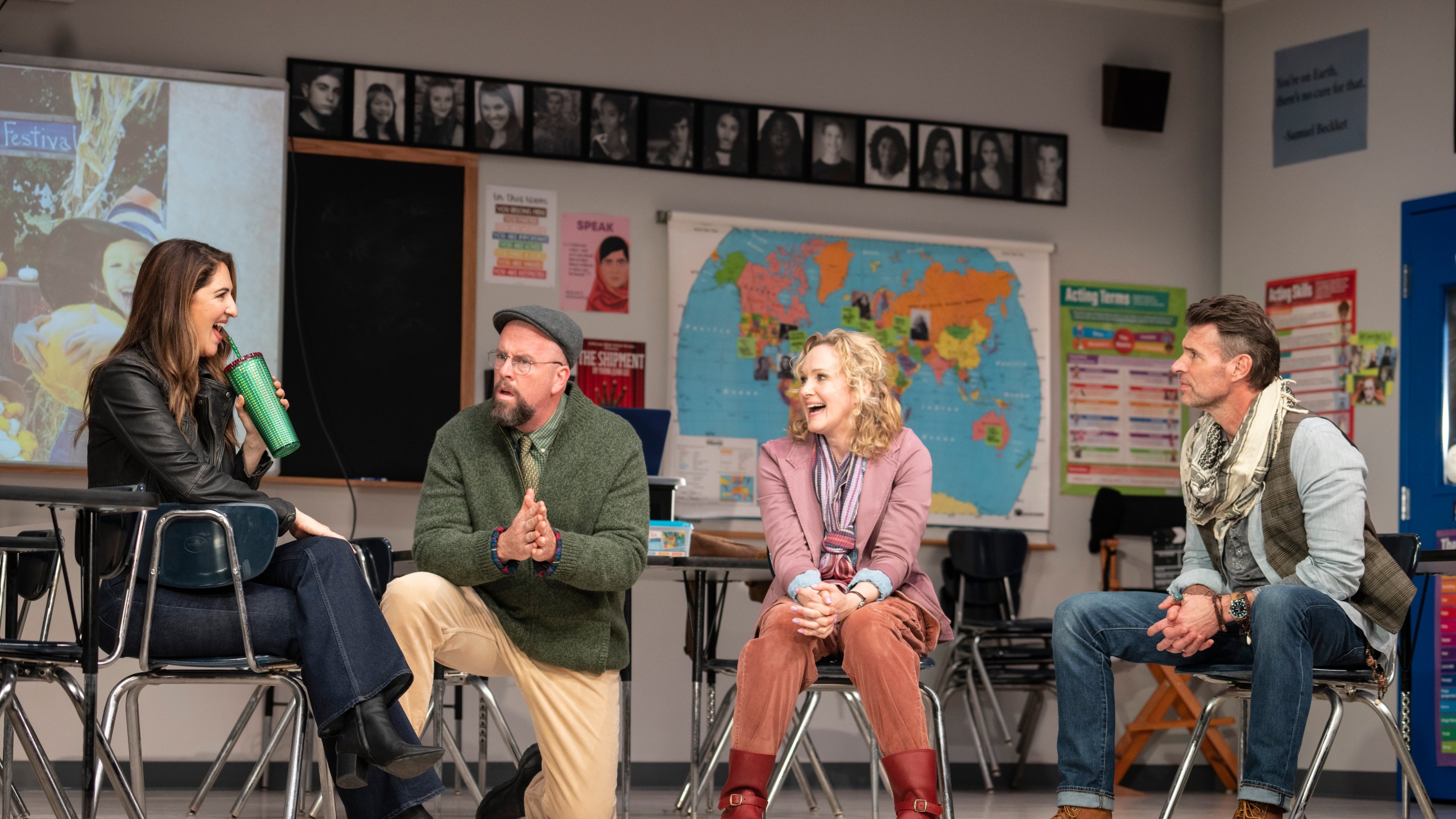 D'Arcy Carden, from left, Chris Sullivan, Katie Finneran, and Scott Foley appear during a performance of "The Thanksgiving Play" in New York. The play was written by Larissa FastHorse. (Joan Marcus via AP)