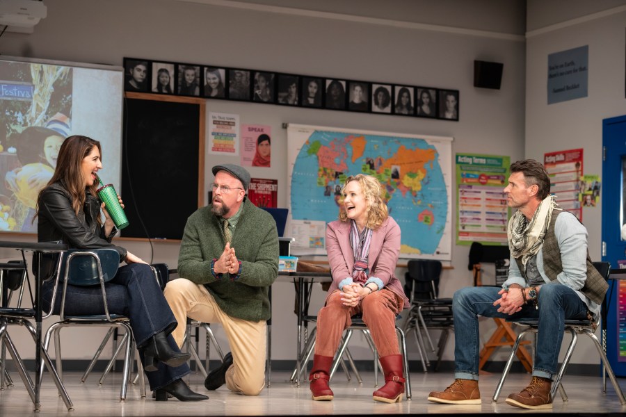 D'Arcy Carden, from left, Chris Sullivan, Katie Finneran, and Scott Foley appear during a performance of "The Thanksgiving Play" in New York. The play was written by Larissa FastHorse. (Joan Marcus via AP)