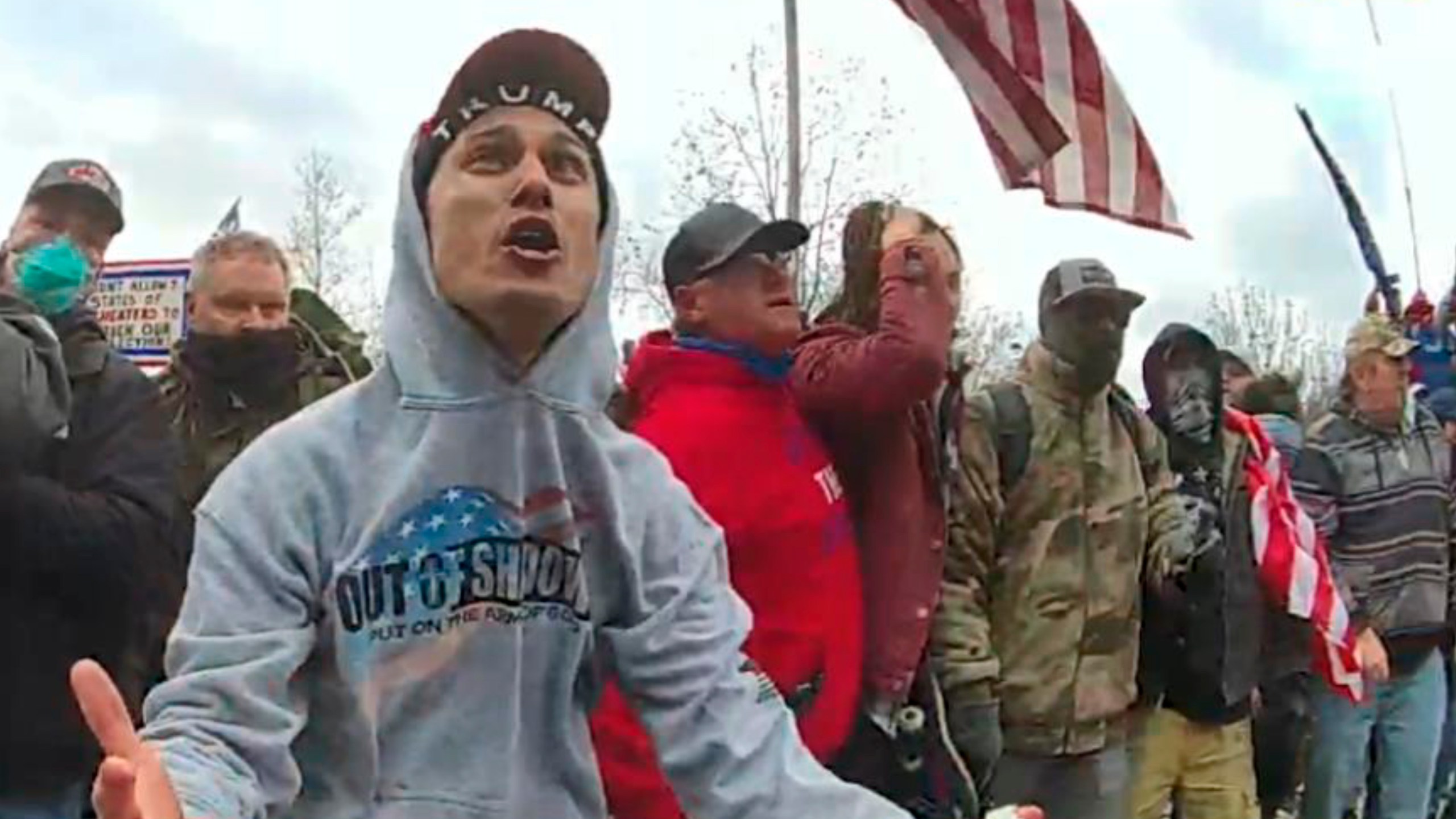 This image from video from a police-worn body camera provided by Justice Department and contained in the government sentencing memorandum shows Frank Rocco Giustino, left, at the Jan. 6, 2021, riot at the U.S. Capitol in Washington. Giustino was sentenced to three months in jail on Nov. 21, 2023. (Justice Department via AP)