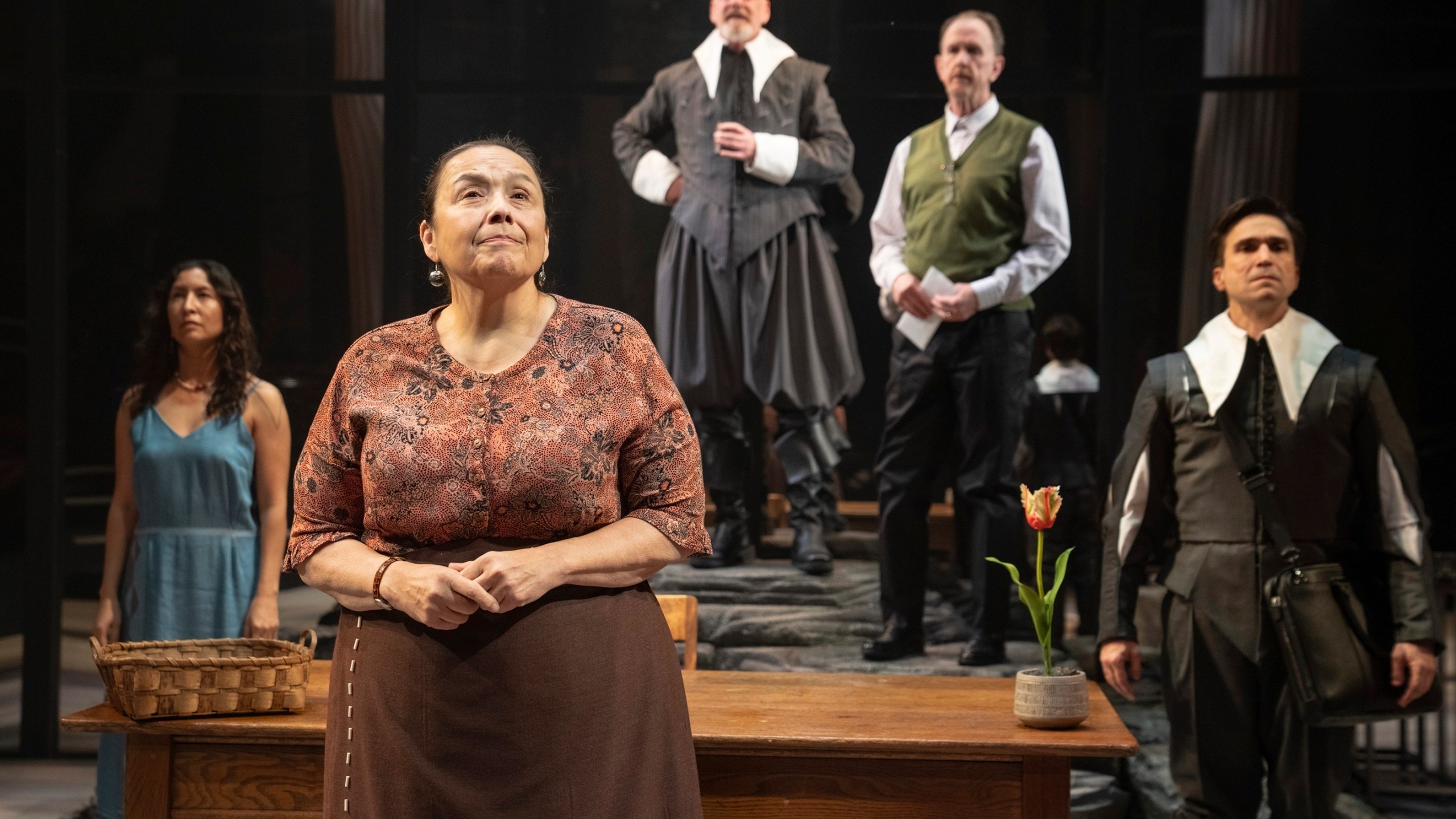 This image released by The Public Theater shows Rainbow Dickerson, from left, Sheila Tousey, Jeffrey King, David Kelly and Joe Tapper appear during a performance of "Manahatta" in New York. The play was written by Mary Kathryn Nagle. (Joan Marcus/The Public Theater via AP)