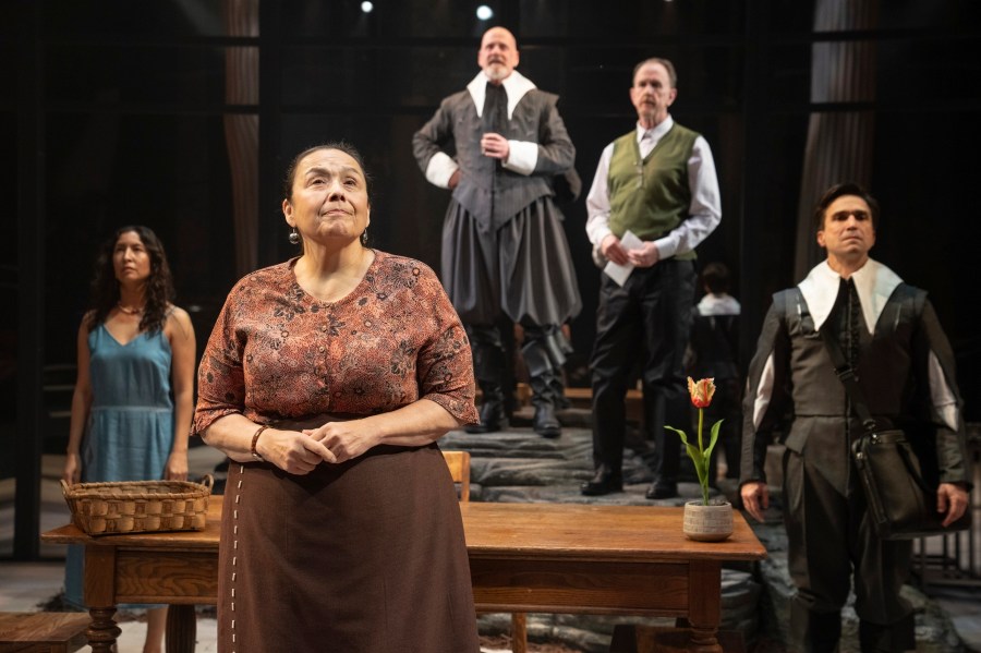 This image released by The Public Theater shows Rainbow Dickerson, from left, Sheila Tousey, Jeffrey King, David Kelly and Joe Tapper appear during a performance of "Manahatta" in New York. The play was written by Mary Kathryn Nagle. (Joan Marcus/The Public Theater via AP)