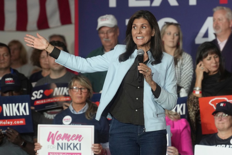 GOP presidential hopeful Nikki Haley speaks during a campaign event on Monday, Nov. 27, 2023, in Bluffton, S.C. Haley is among a cluster of Republican candidates competing for second place in a GOP Republican primary thus far largely dominated by former President Donald Trump. (AP Photo/Meg Kinnard)