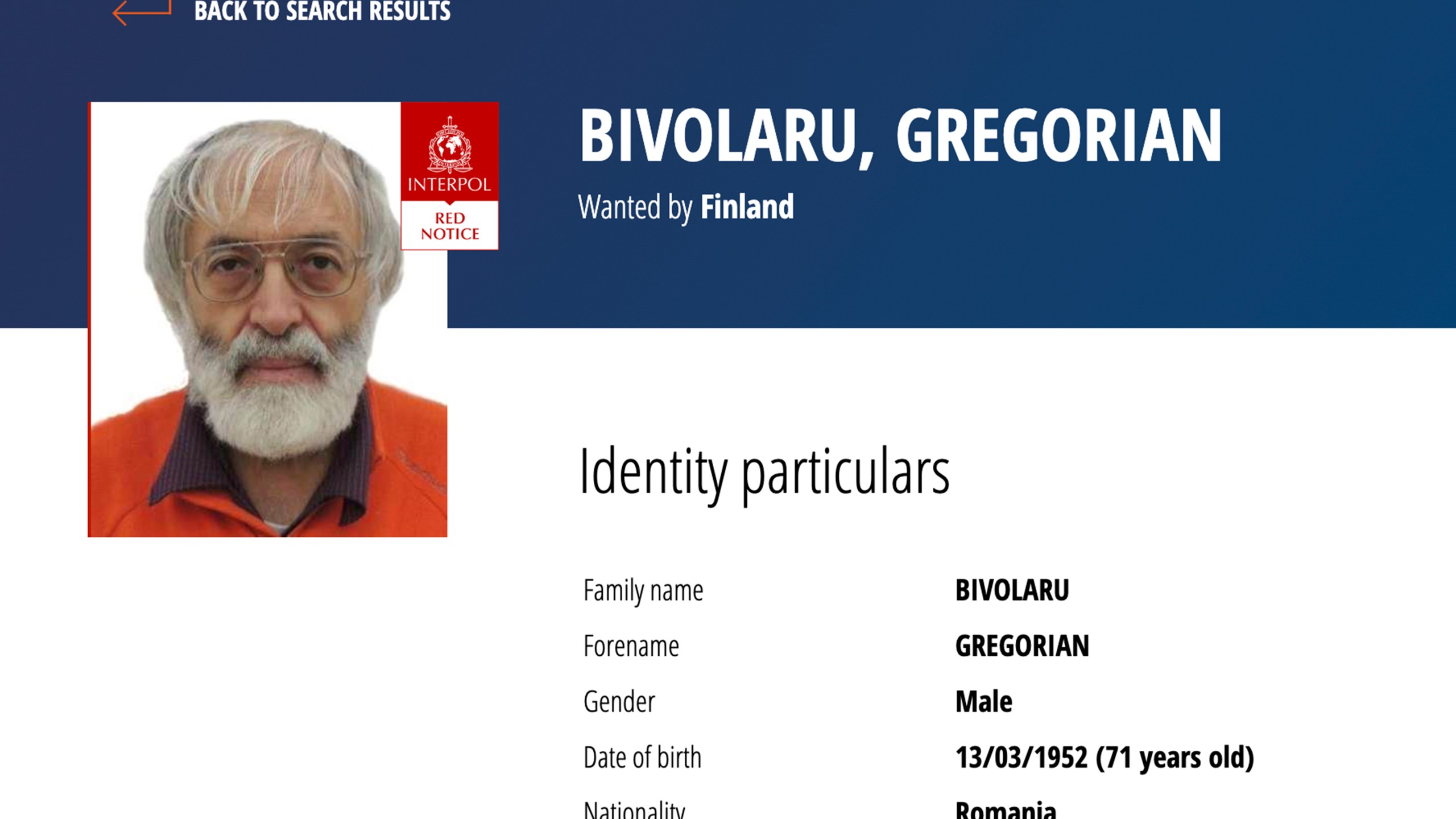 This photo shows the red notice of Romania's Gregorian Bipolar on Interpol website, Tuesday, Nov.28, 2023. French authorities arrested the leader of a multinational tantric yoga organization Tuesday on suspicion of indoctrinating female followers for sexual exploitation. The Romanian guru identified as Gregorian B., whom French media identified as Gregorian Bivolaru at the heart of the Atman Yoga Federation was detained during a massive morning police operation across the Paris region, according to a French judicial official, who wasn't authorized to speak publicly about an ongoing investigation. (Interpol via AP)