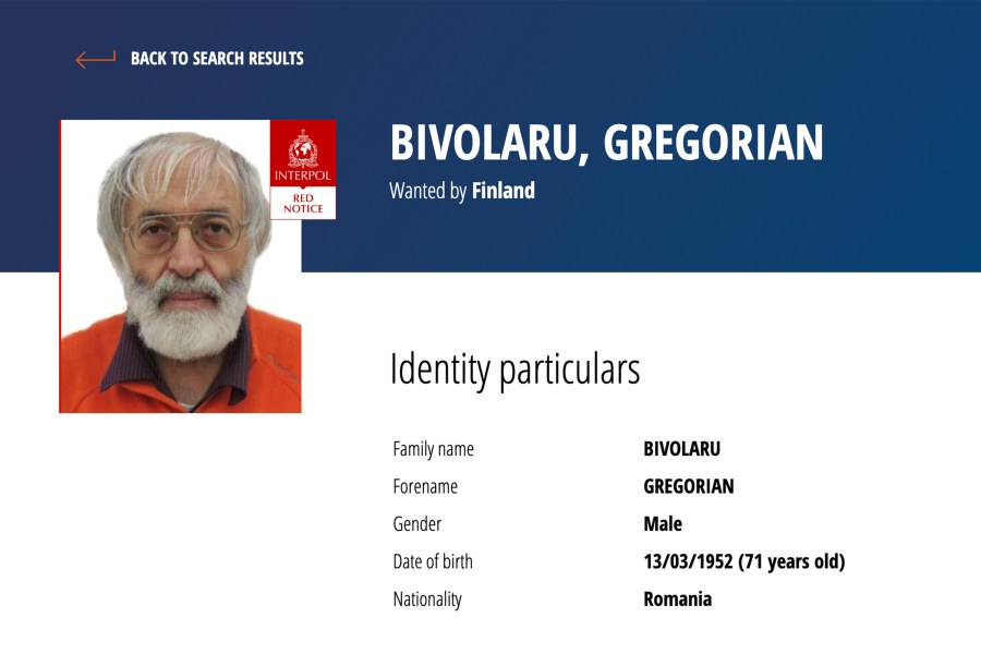 This photo shows the red notice of Romania's Gregorian Bipolar on Interpol website, Tuesday, Nov.28, 2023. French authorities arrested the leader of a multinational tantric yoga organization Tuesday on suspicion of indoctrinating female followers for sexual exploitation. The Romanian guru identified as Gregorian B., whom French media identified as Gregorian Bivolaru at the heart of the Atman Yoga Federation was detained during a massive morning police operation across the Paris region, according to a French judicial official, who wasn't authorized to speak publicly about an ongoing investigation. (Interpol via AP)