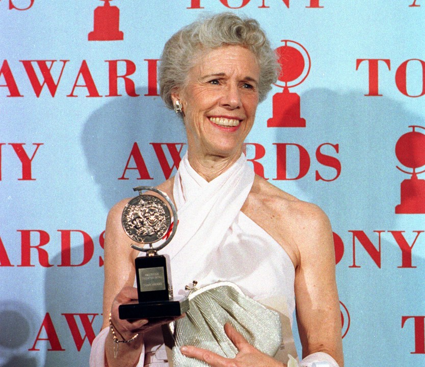 FILE - Actress Frances Sternhagen holds her award for best featured actress in a play for her performance in "The Heiress" during the Tony Awards in New York on June 4, 1995. Sternhagen, the veteran character actor who won two Tony Awards and became a familiar maternal face to TV viewers later in life in such shows as “Cheers,” “ER,” “Sex and the City” and “The Closer,” has died. She was 93. (AP Photo/Richard Drew, File)