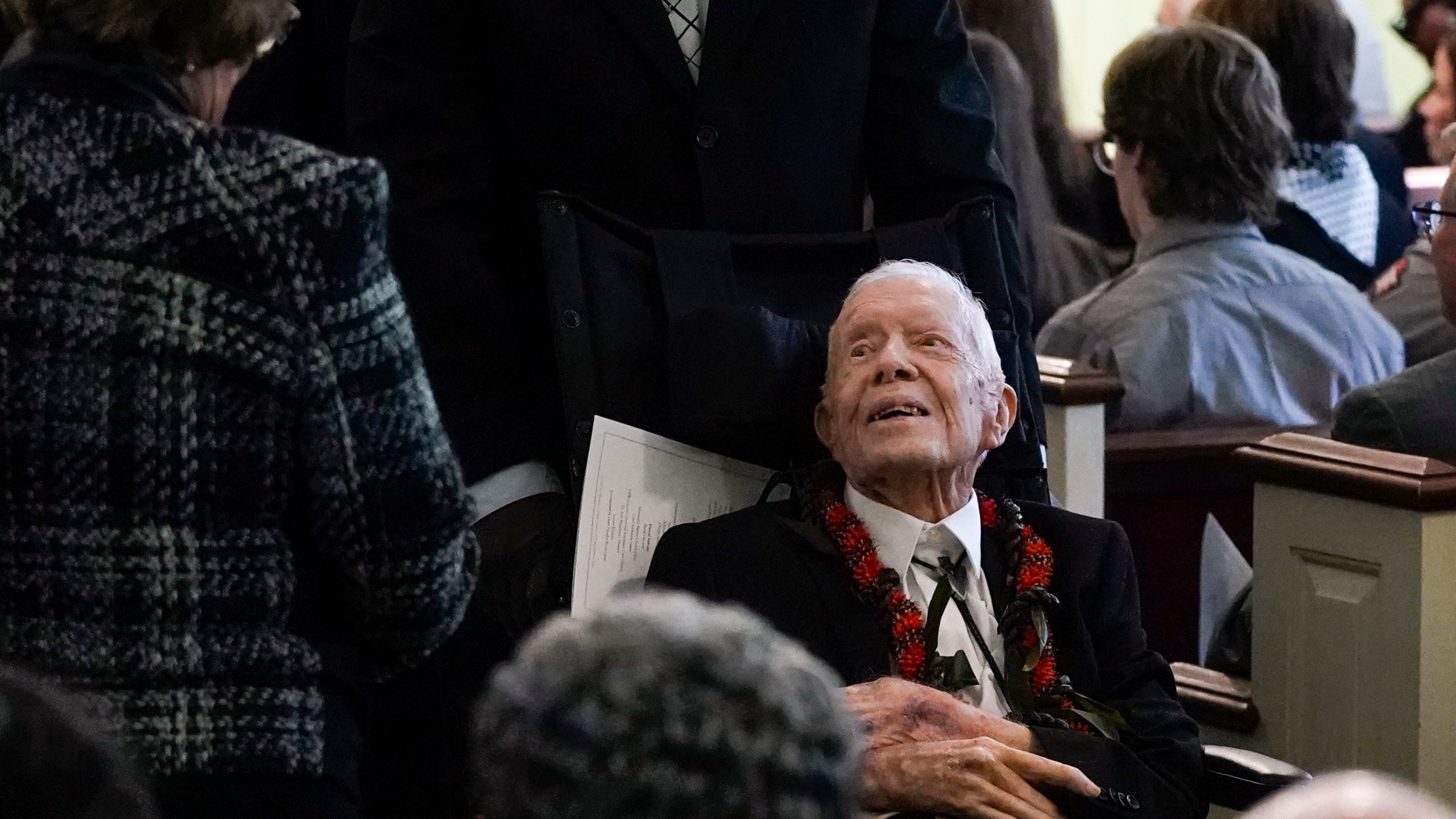 Former President Jimmy Carter greets people as he departs after the funeral service for former first lady Rosalynn Carter at Maranatha Baptist Church, Wednesday, Nov. 29, 2023, in Plains, Ga. The former first lady died on Nov. 19. She was 96. (AP Photo/Alex Brandon, Pool)