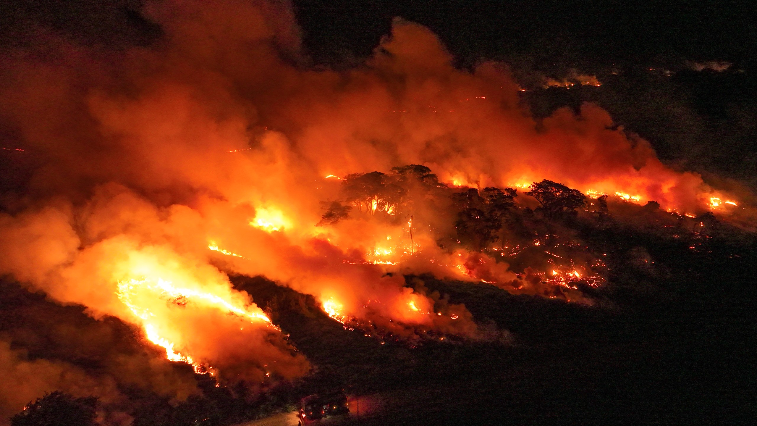 FILE - Fire consumes an area next to the Transpantaneira road in the Pantanal wetlands near Pocone, Mato Grosso state,Brazil, Nov. 15, 2023. (AP Photo/Andre Penner, File)