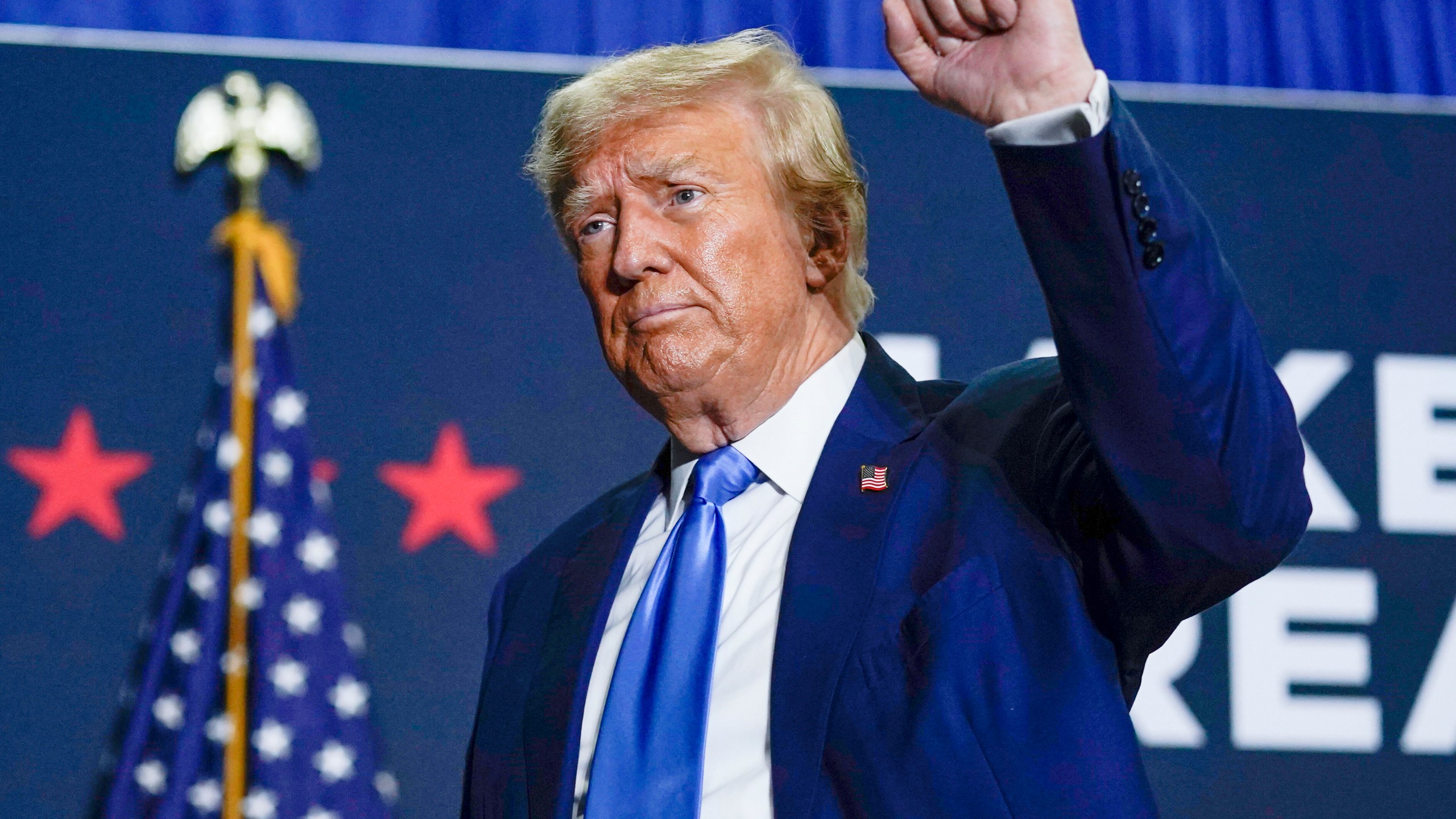 FILE - Republican presidential candidate former President Donald Trump gestures after speaking at a campaign rally Oct. 23, 2023, in Derry, N.H. Trump will be headlining a closed-door fundraiser in Florida next week as his Republican primary rivals return to the debate stage. (AP Photo/Charles Krupa, File)