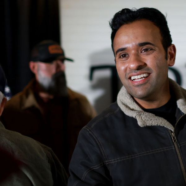 Vivek Ramaswamy greets supporters at a campaign stop in Iowa.