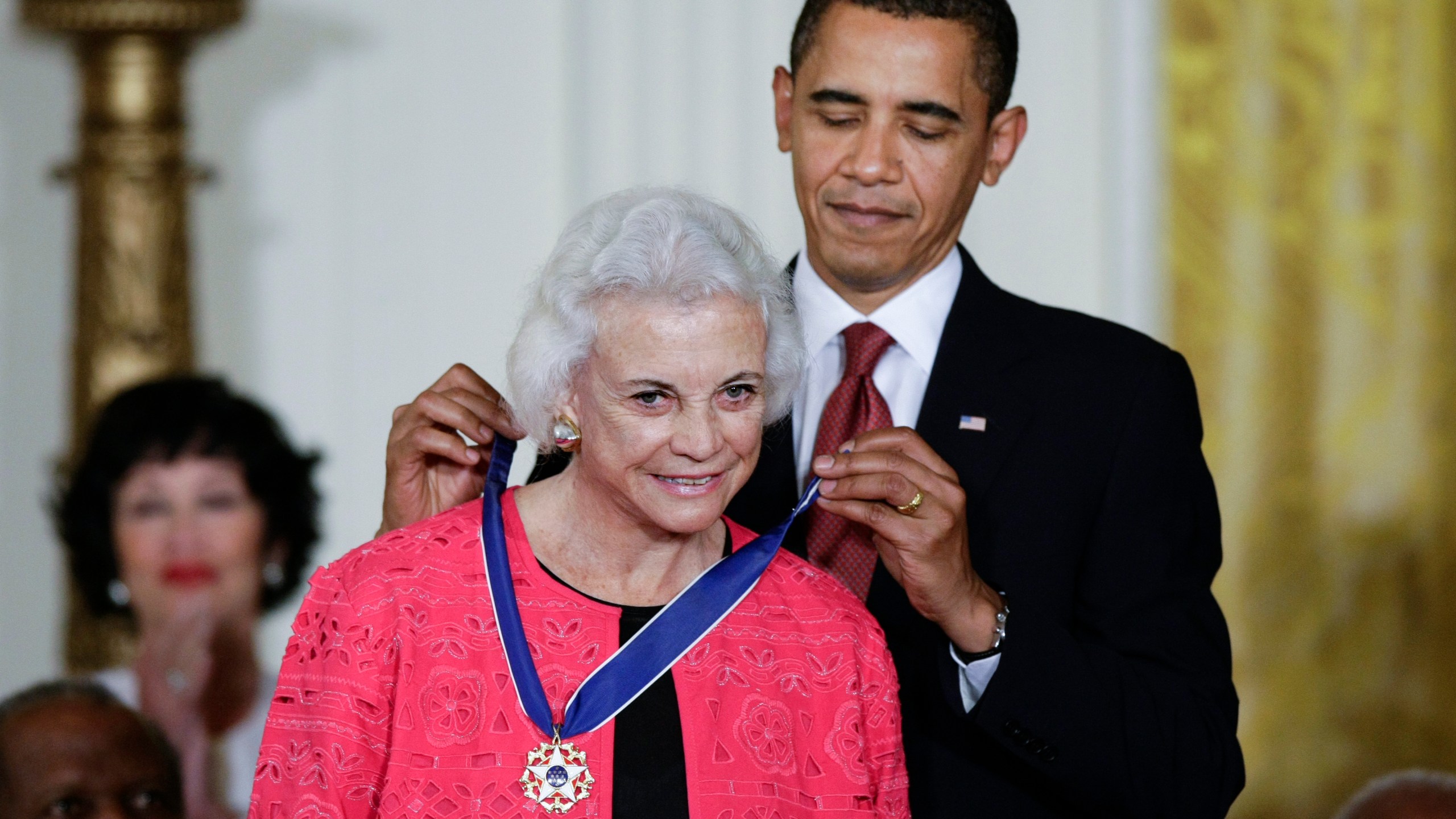 FILE - President Barack Obama presents the 2009 Presidential Medal of Freedom to Sandra Day O'Connor, Aug. 12, 2009. O'Connor, who joined the Supreme Court in 1981 as the nation's first female justice, has died at age 93. (AP Photo/J. Scott Applewhite, File)