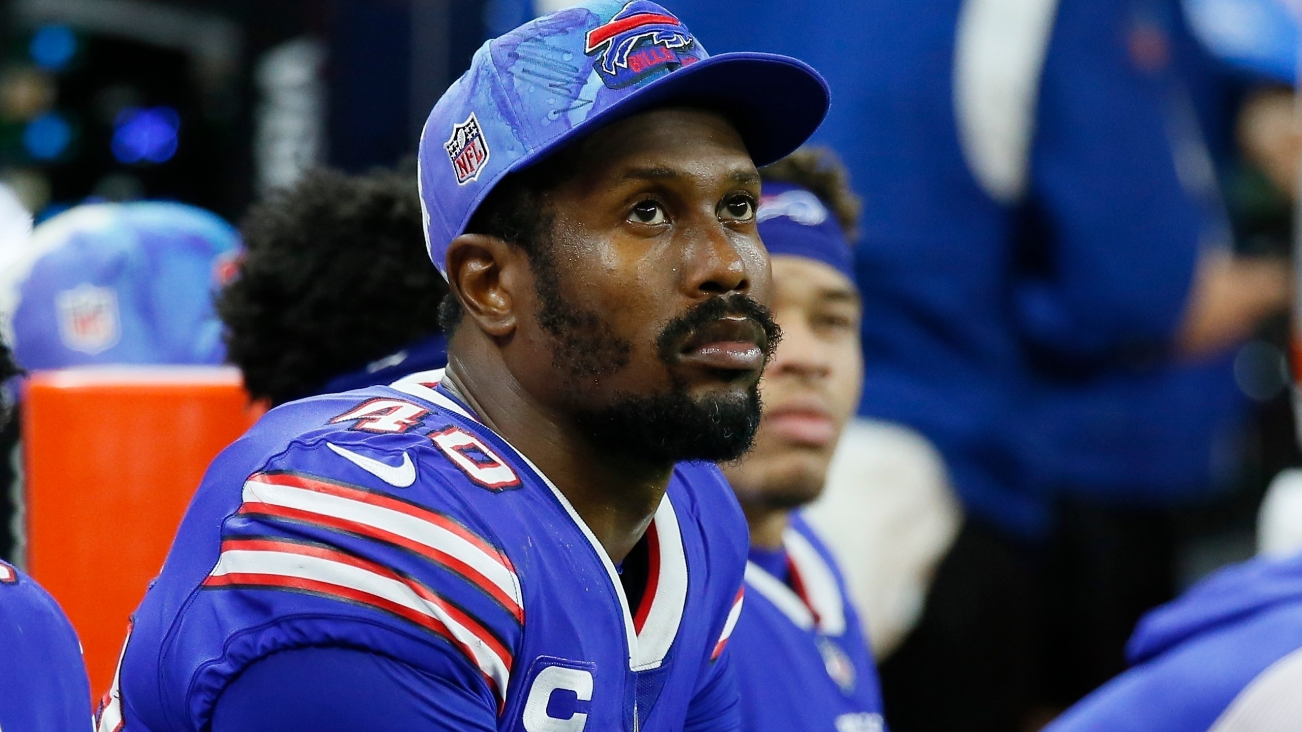 FILE - Buffalo Bills' Von Miller watches from the bench during the second half of an NFL football game against the Cleveland Browns, Sunday, Nov. 20, 2022, in Detroit. Police in Dallas have issued an arrest warrant for Buffalo Bills linebacker Von Miller on charges stemming from a “major disturbance” at a home on Wednesday, Nov. 29, 2023. (AP Photo/Duane Burleson, File)