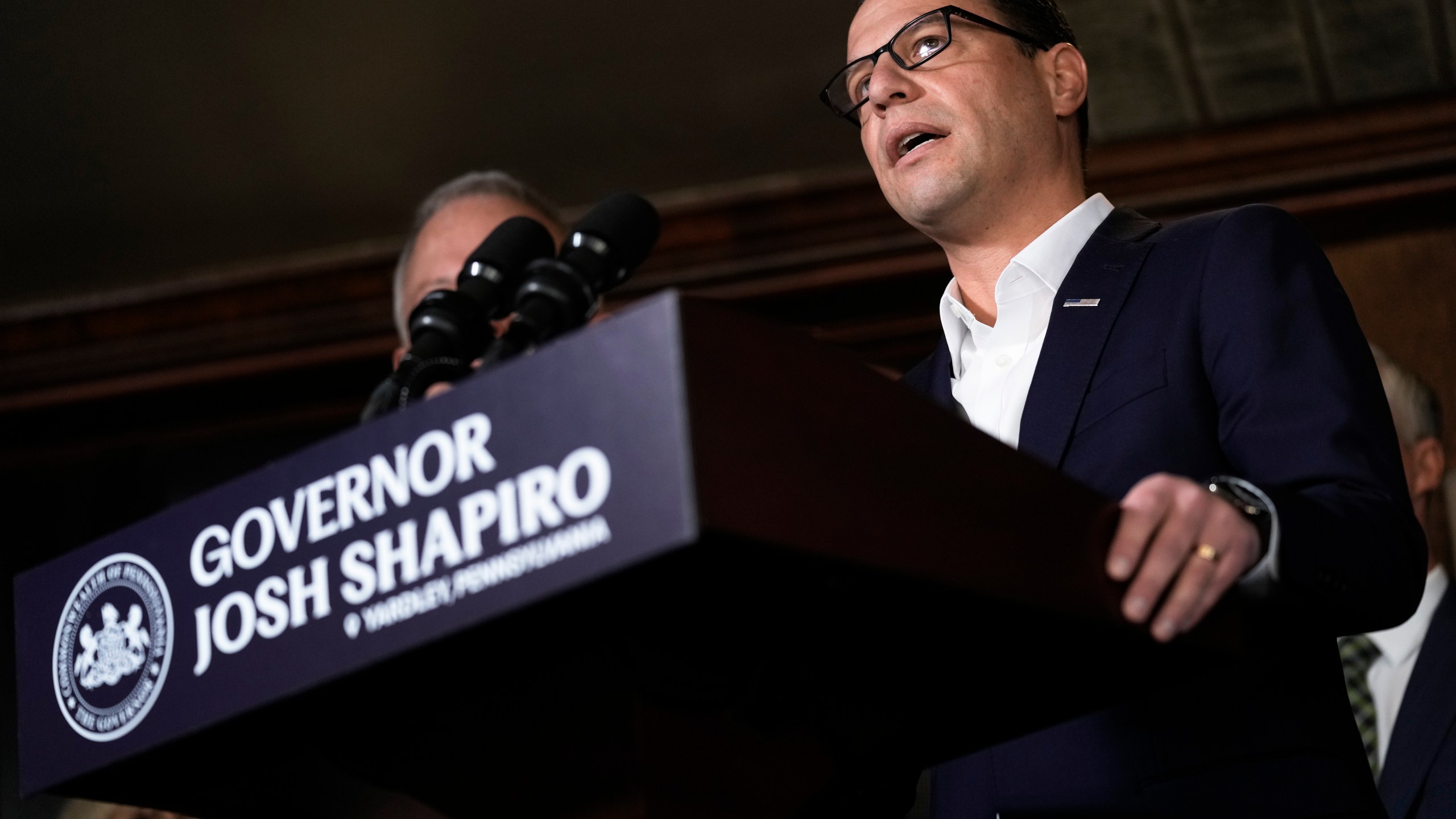 Pennsylvania Gov. Josh Shapiro speaks with members of the media during a news conference in Yardley, Pa., Monday, Dec. 4, 2023. A protest in Philadelphia calling for the end of the siege in Gaza drew criticism from Shapiro as being a “blatant act of antisemitism” after protesters gathered at a Jewish restaurant. (AP Photo/Matt Rourke)