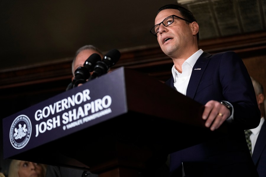 Pennsylvania Gov. Josh Shapiro speaks with members of the media during a news conference in Yardley, Pa., Monday, Dec. 4, 2023. A protest in Philadelphia calling for the end of the siege in Gaza drew criticism from Shapiro as being a “blatant act of antisemitism” after protesters gathered at a Jewish restaurant. (AP Photo/Matt Rourke)