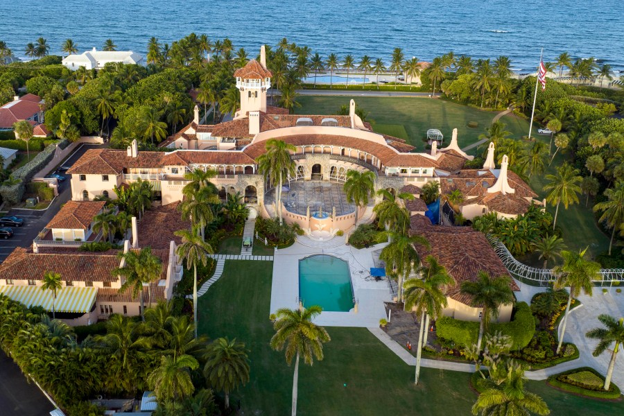 FILE - An aerial view of former President Donald Trump's Mar-a-Lago estate is seen Aug. 10, 2022, in Palm Beach, Fla. Former President Donald Trump’s civil business fraud trial has turned to one of the topics that has vexed him most — the disputed value of his Mar-a-Lago club in Palm Beach, Florida. Palm Beach luxury real estate broker Lawrence Moens took the stand for Trump's defense Tuesday, Dec. 5, 2023. (AP Photo/Steve Helber, File)