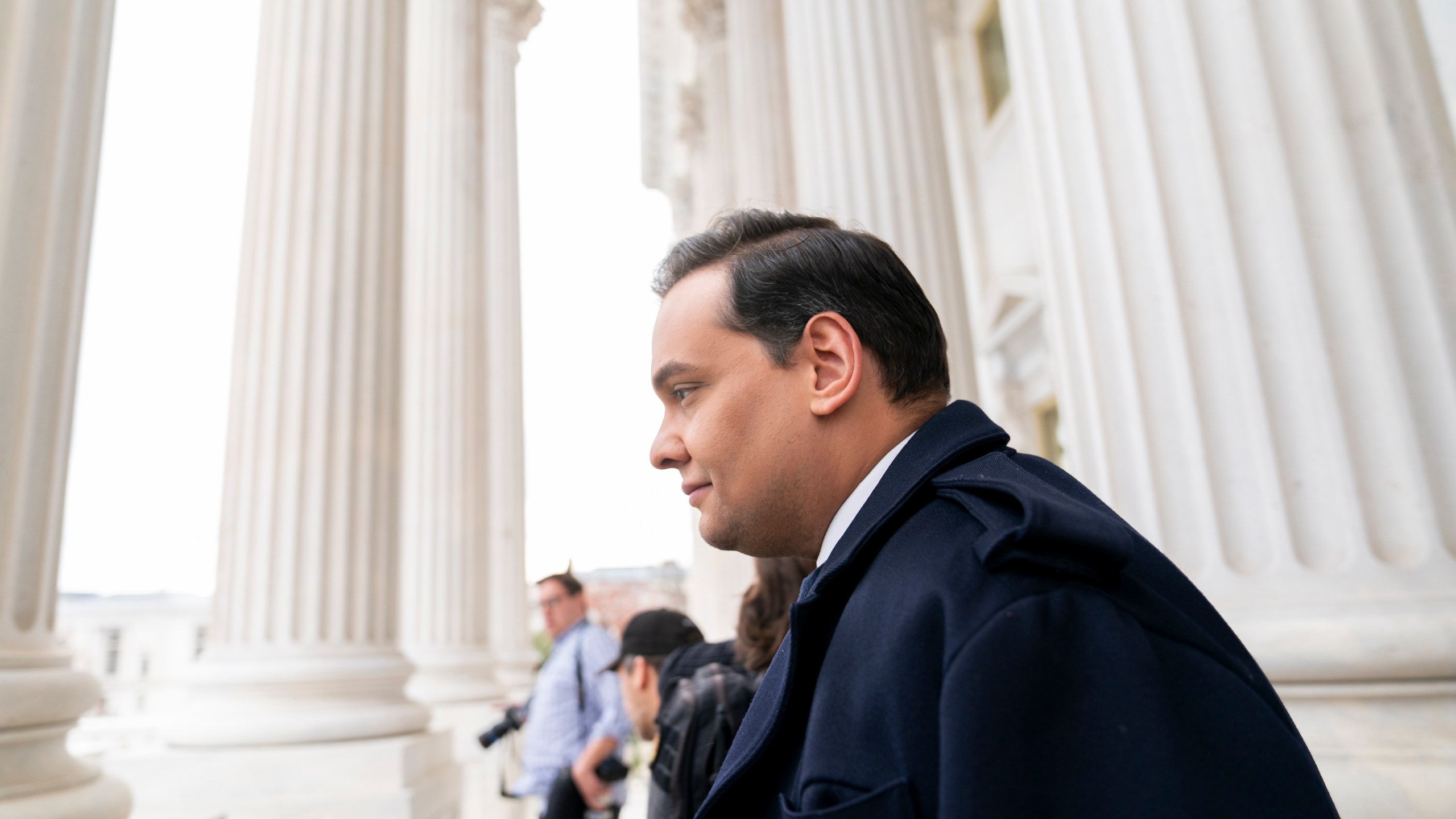 FILE - Rep. George Santos, R-N.Y., leaves the Capitol after being expelled from the House of Representatives, Dec. 1, 2023, in Washington. The special election for the Santos' former House seat is set for Feb. 13, New York Gov. Kathy Hochul announced Tuesday, Dec. 5. (AP Photo/Stephanie Scarbrough, File)