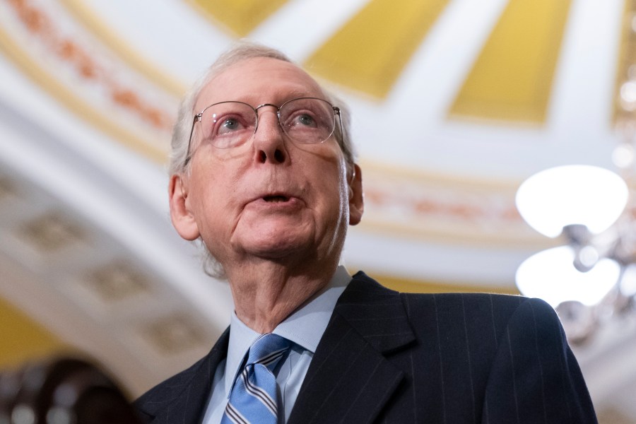 Senate Minority Leader Sen. Mitch McConnell, R-Ky., speaks to media after a Senate Republican policy luncheon, Tuesday, Dec. 5, 2023, on Capitol Hill in Washington. (AP Photo/Stephanie Scarbrough)